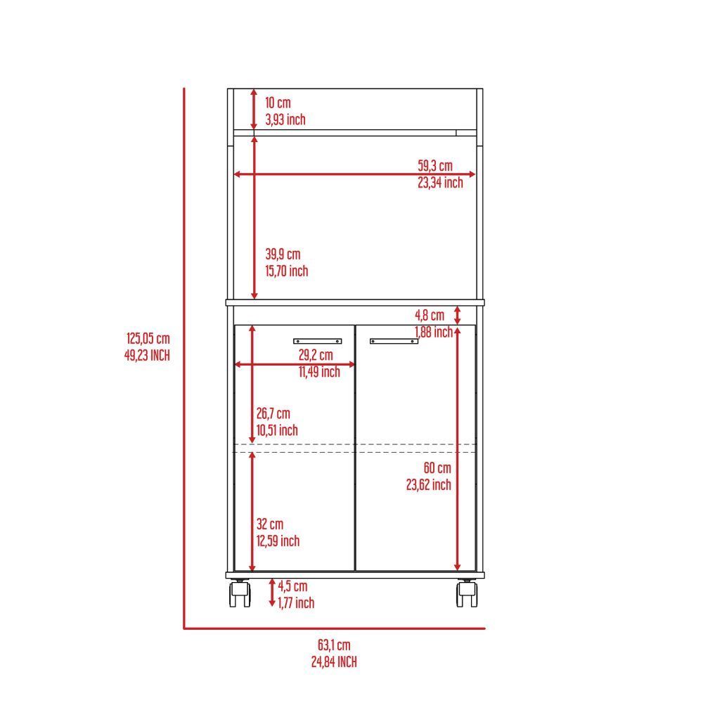 Kira Kitchen Kart, Double Door Cabinet, One Open Shelf, Two Interior Shelves -White