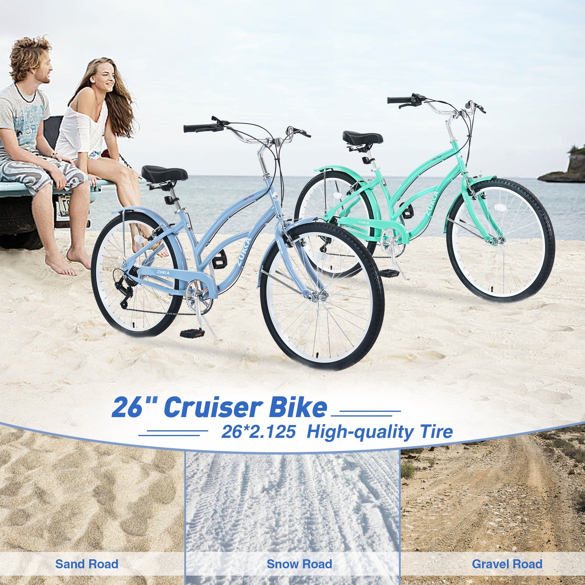 7 Speed Bicycles,  Multiple Colors 26"Inch  Beach Cruiser Bike