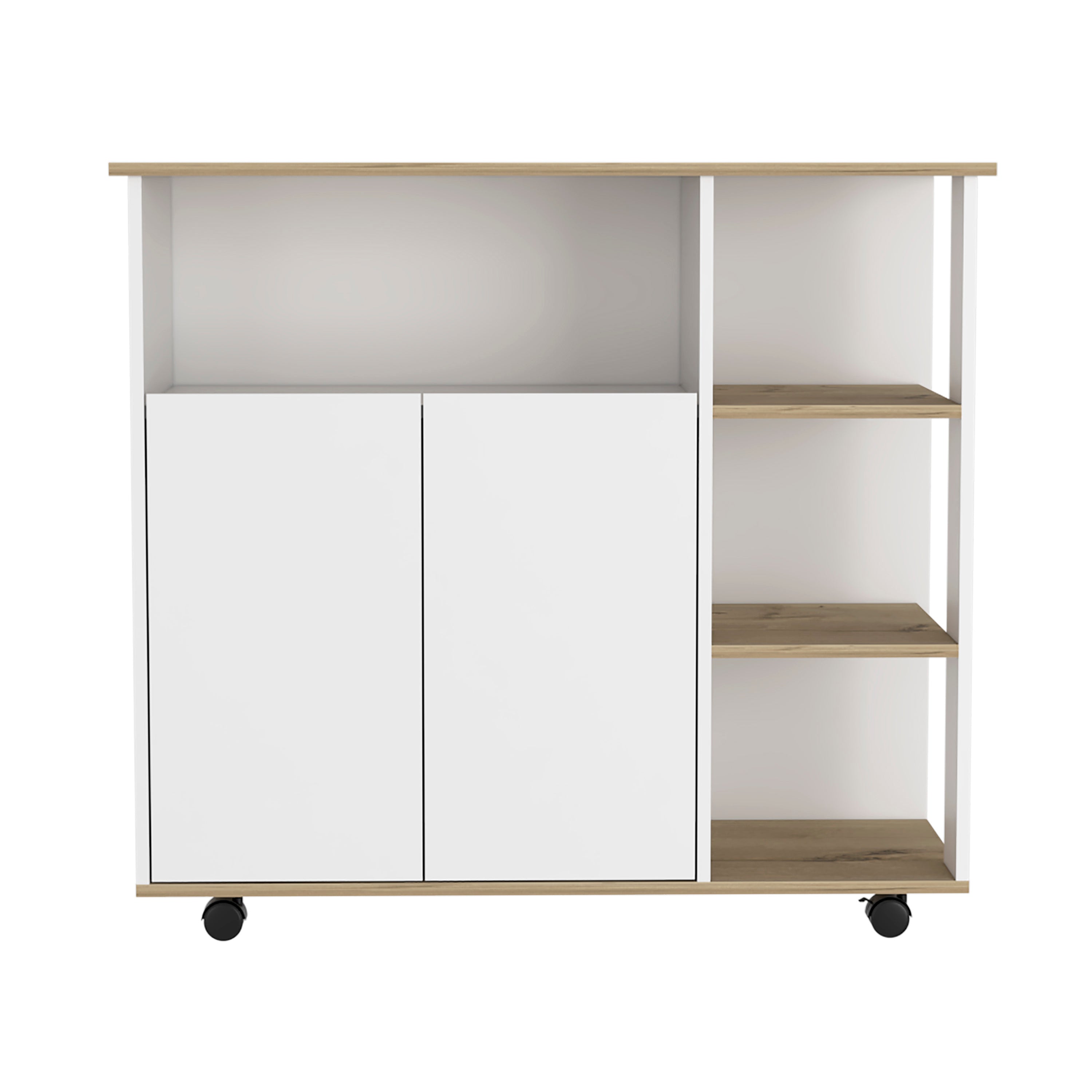 Paprika Kitchen Cart, Four Casters , Four Open Shelves, Double Door Cabinet -Light Oak / White