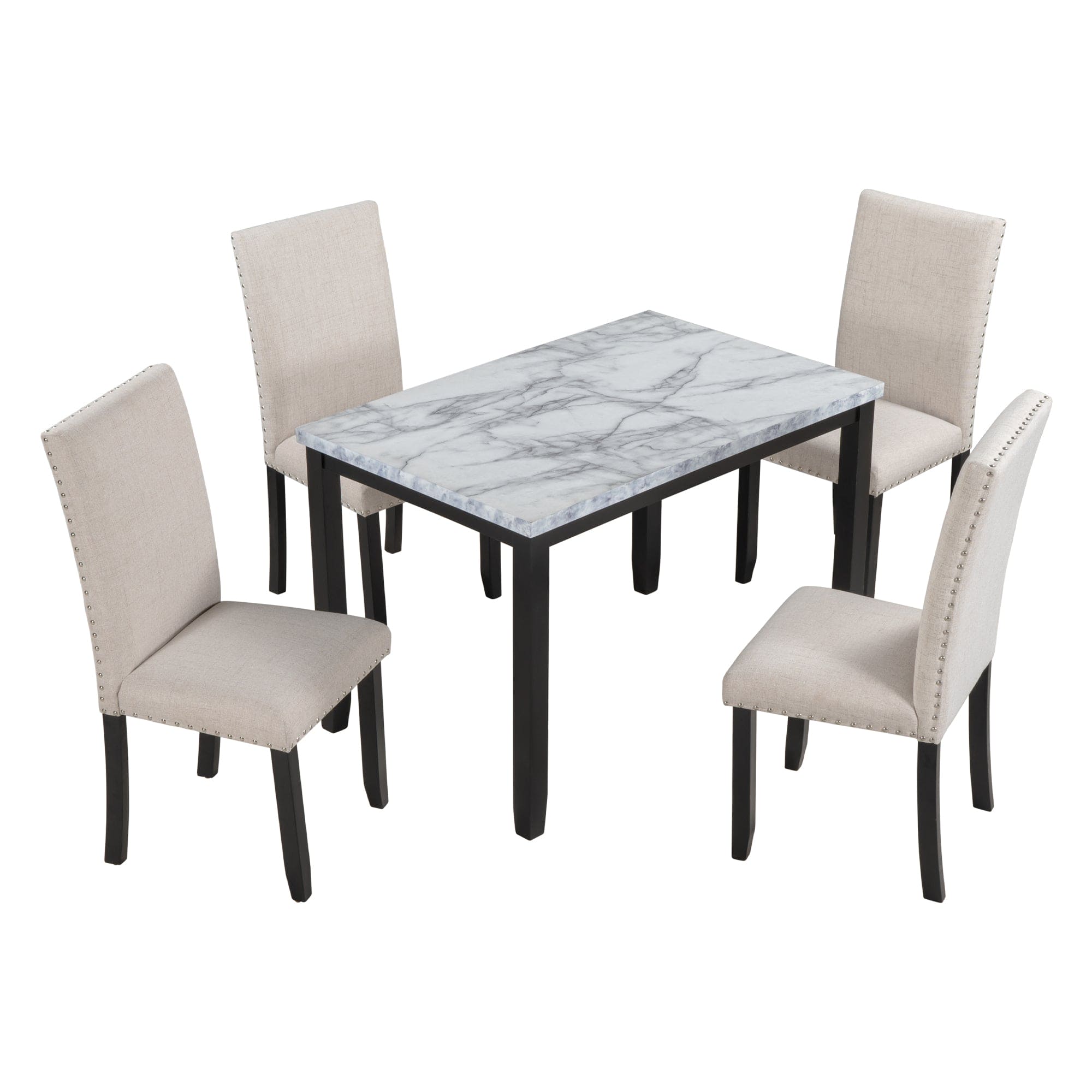 TREXM Faux Marble 5-Piece Dining Set Table with 4 Thicken Cushion Dining Chairs Home Furniture, White/Beige+Black