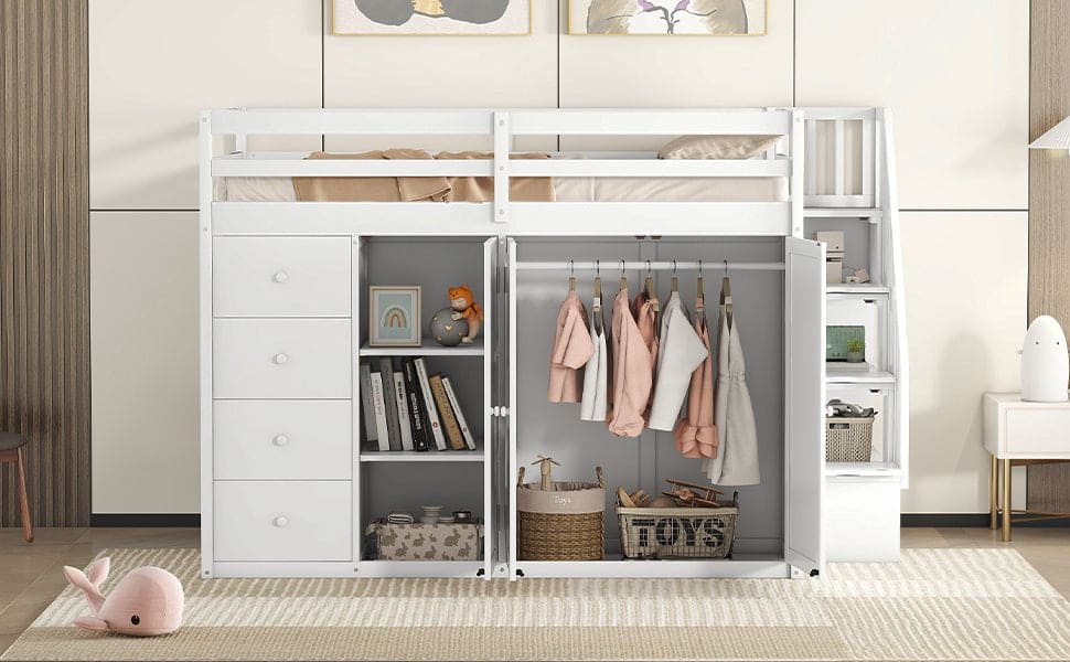 Full Size Wood Loft Bed With Built-in Wardrobes, Cabinets and Drawers, White