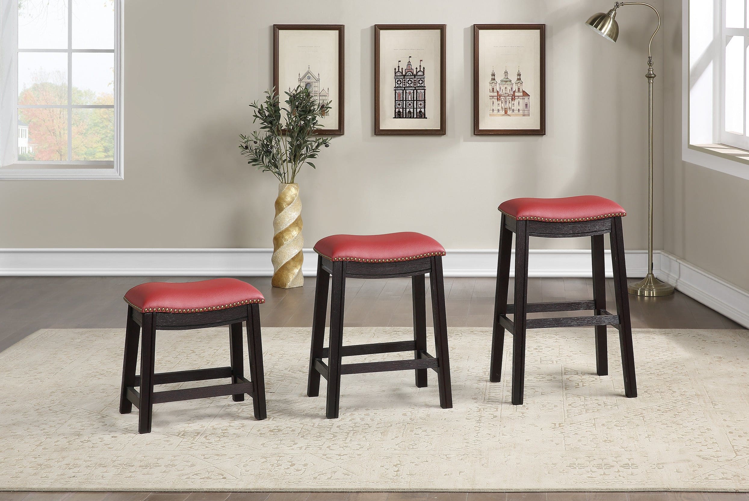 Burgundy PU Upholstery Stool, Set of 2