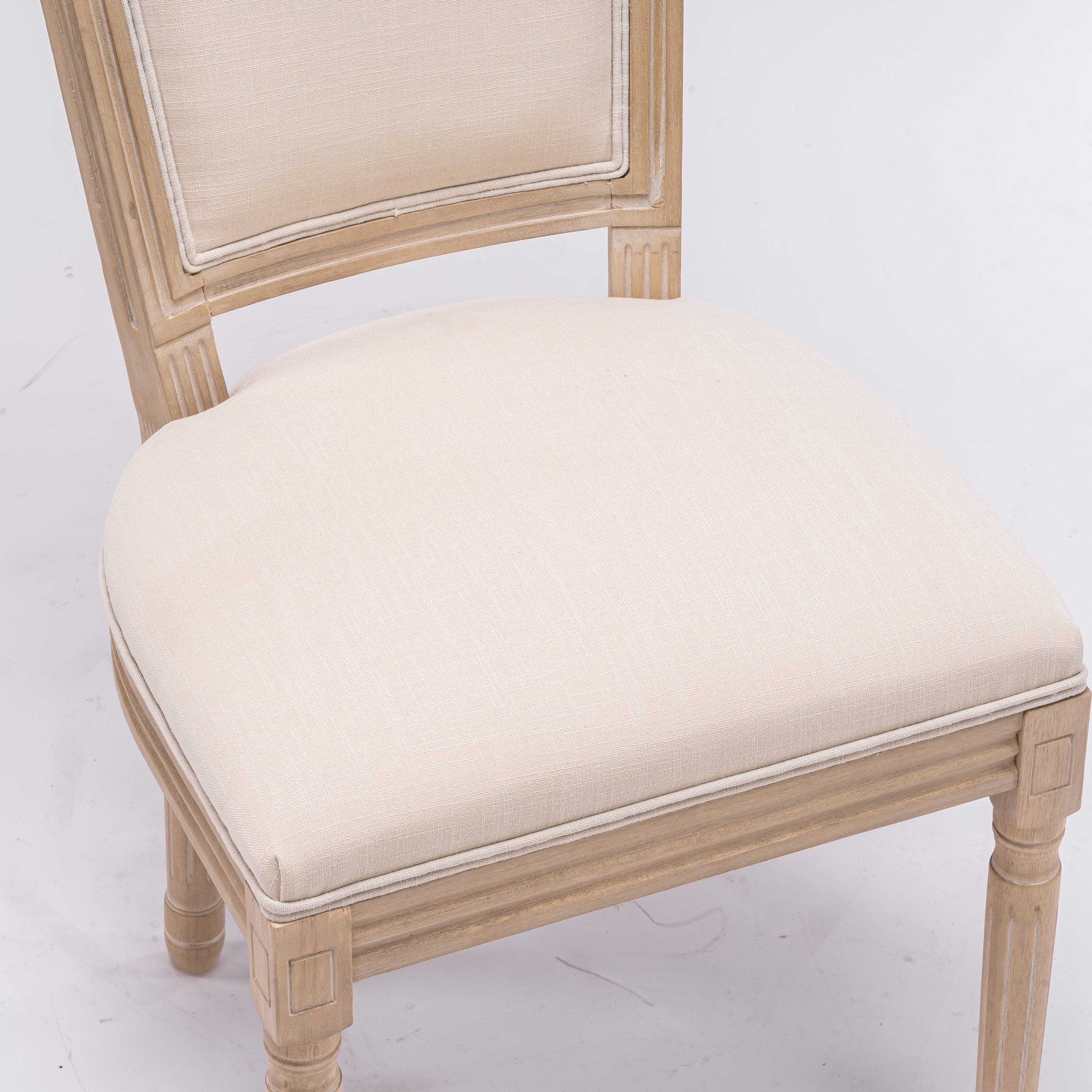 French Style Solid Wood Frame Antique Painting Linen Fabric Square  Back Dining Chair,Set of 2,Cream