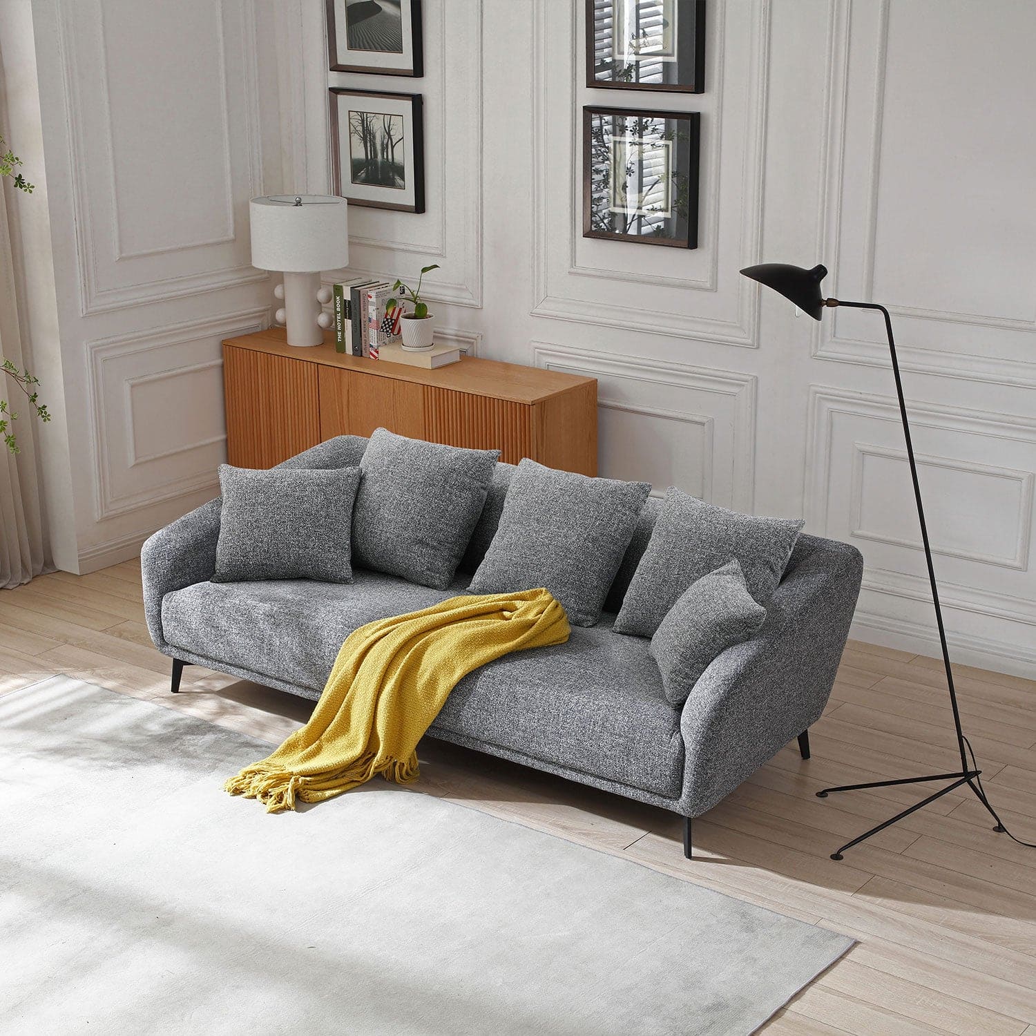 3 Seater Sofa Couch, Modern Fabric Upholstered Sofa with Three Cushions, 2 Pillows, Dark Grey