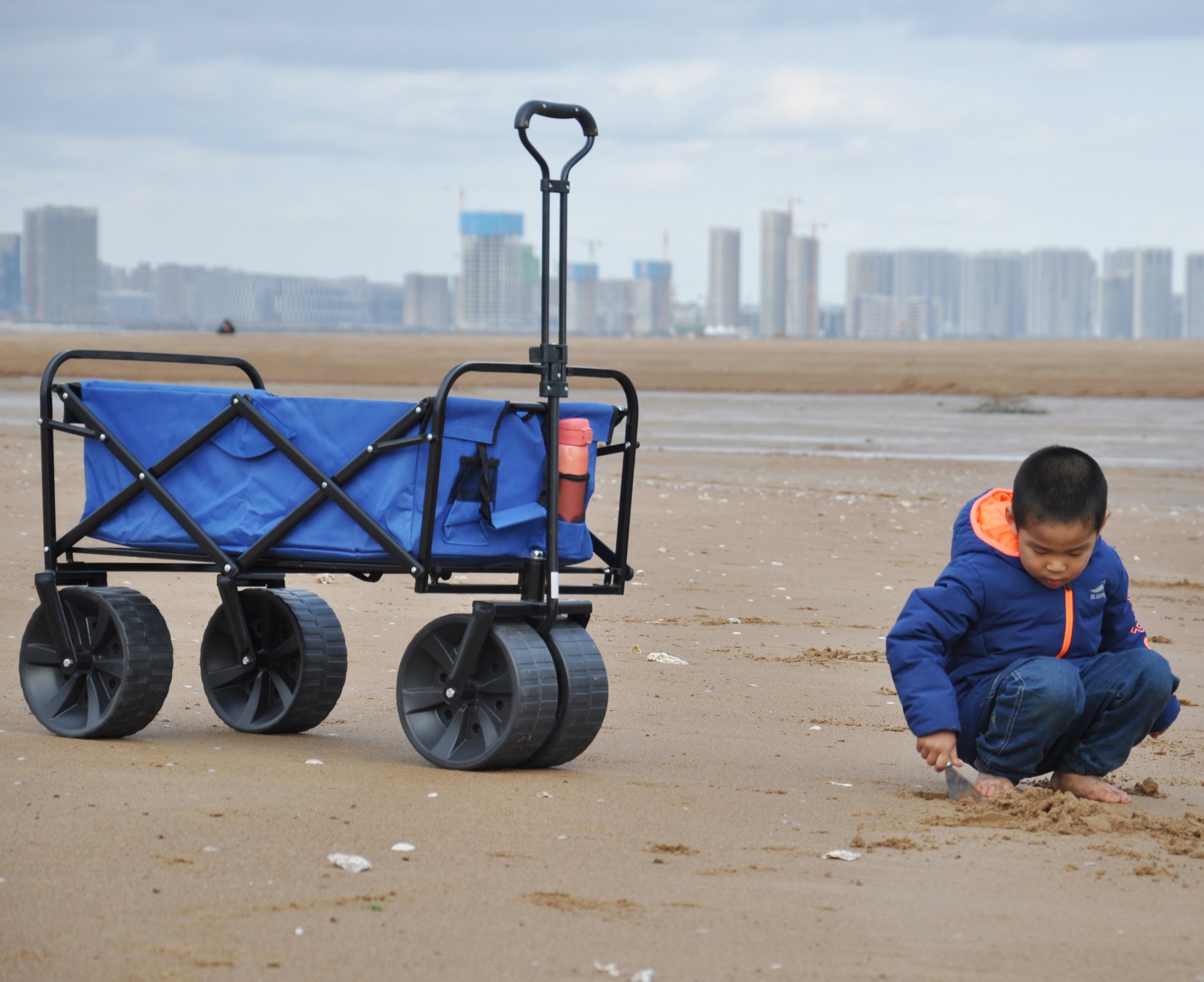 Folding Wagon Garden Shopping Beach Cart (Blue)