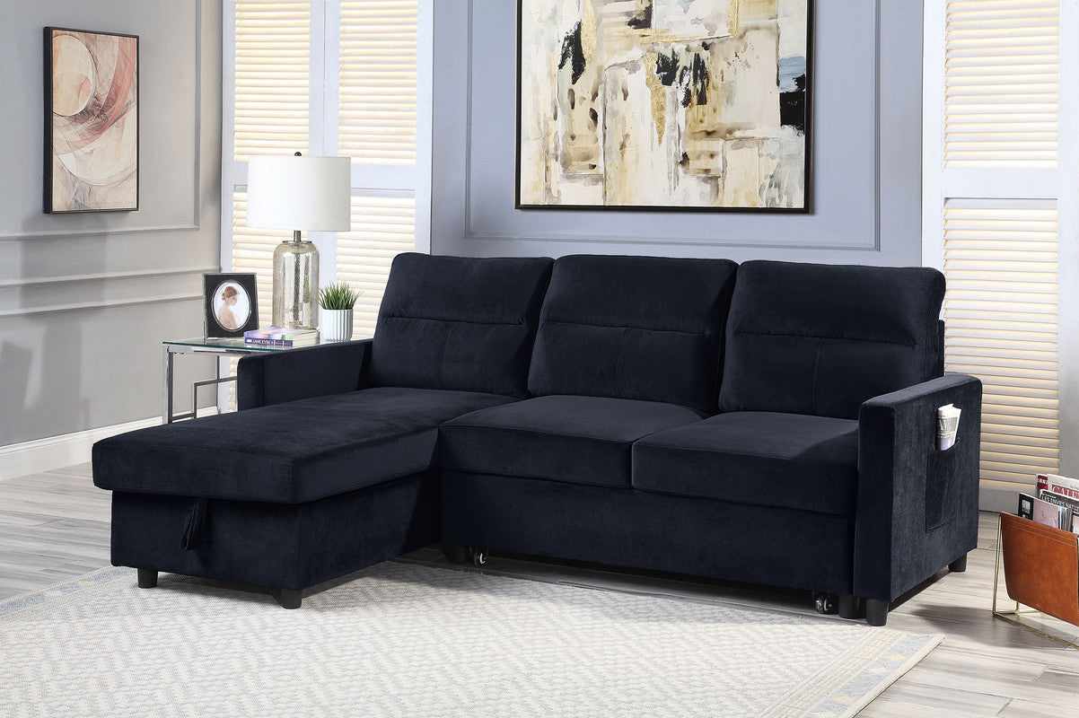 Ivy Black Velvet Reversible Sleeper Sectional Sofa with Storage Chaise and Side Pocket