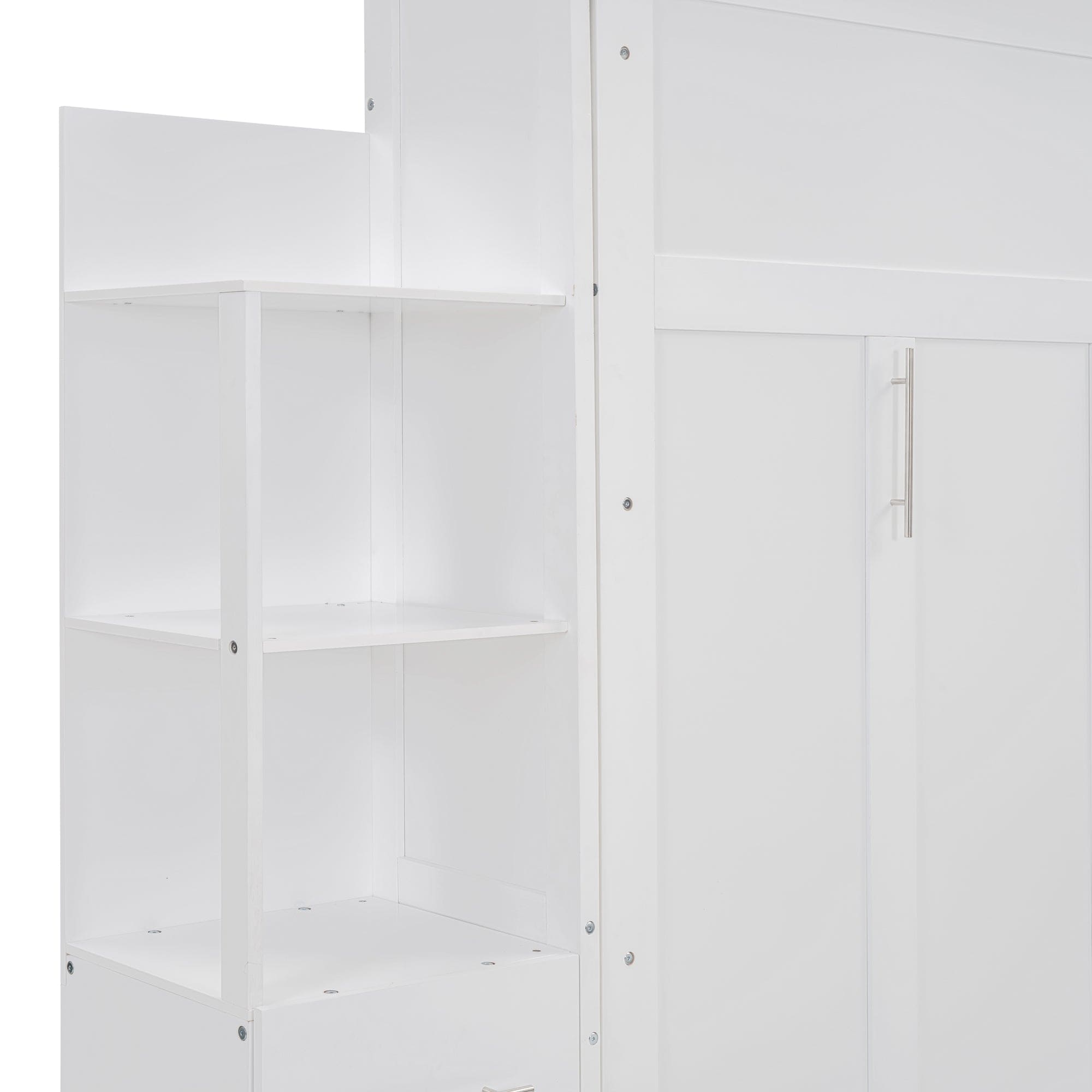 Full Size Murphy Bed Wall Bed with Shelves, Drawers and LED Lights,White