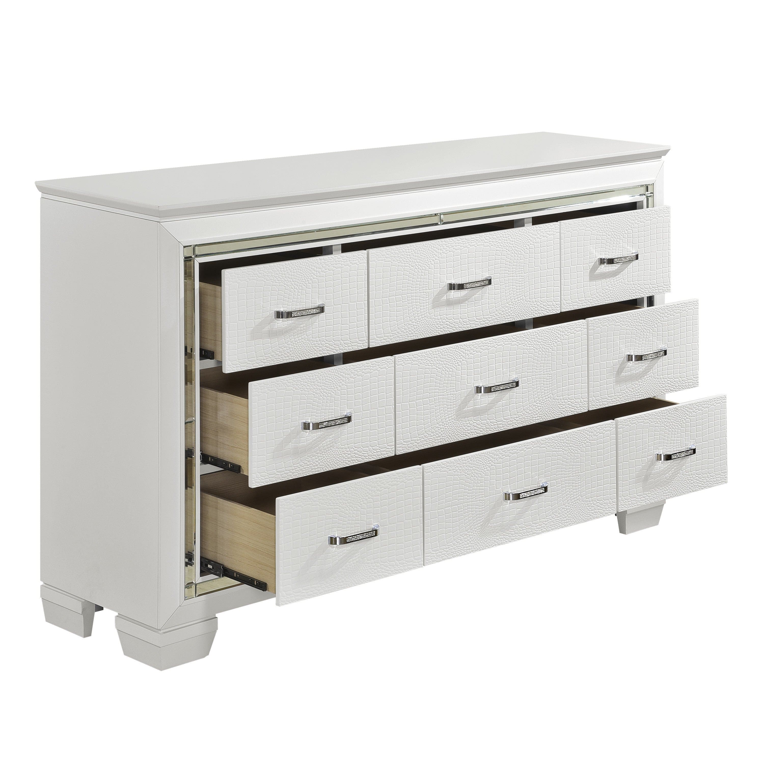 White Finish Dresser Bold Design 9 Drawers Glamorous Faux-Alligator Textured Fronts Wooden Bedroom Furniture