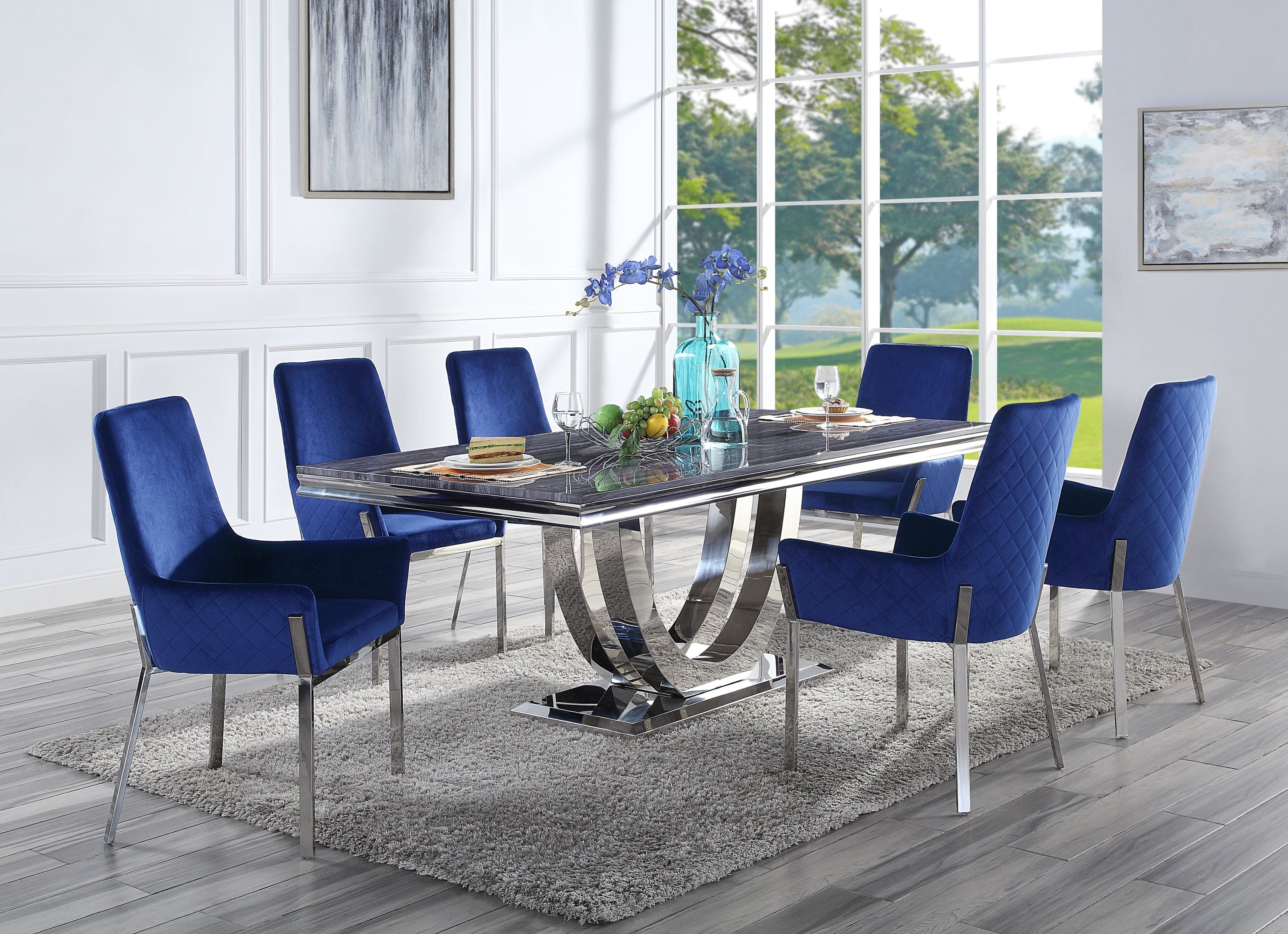 ACME Cambrie Dining Table in Faux Marble & Mirrored Silver Finish DN00221