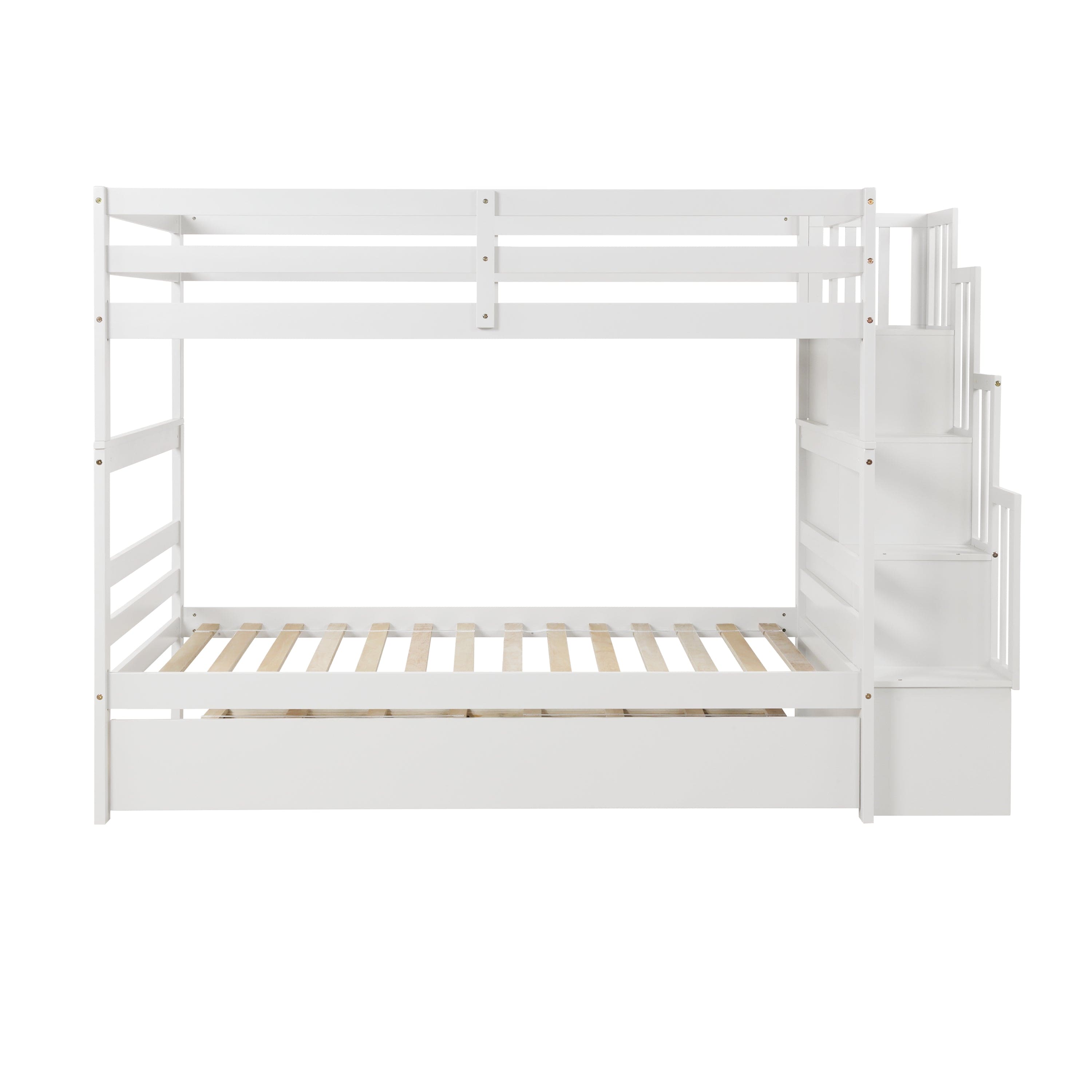 Twin over Twin Bunk Beds With Twin Trundle and Stairway Storage Function in White color