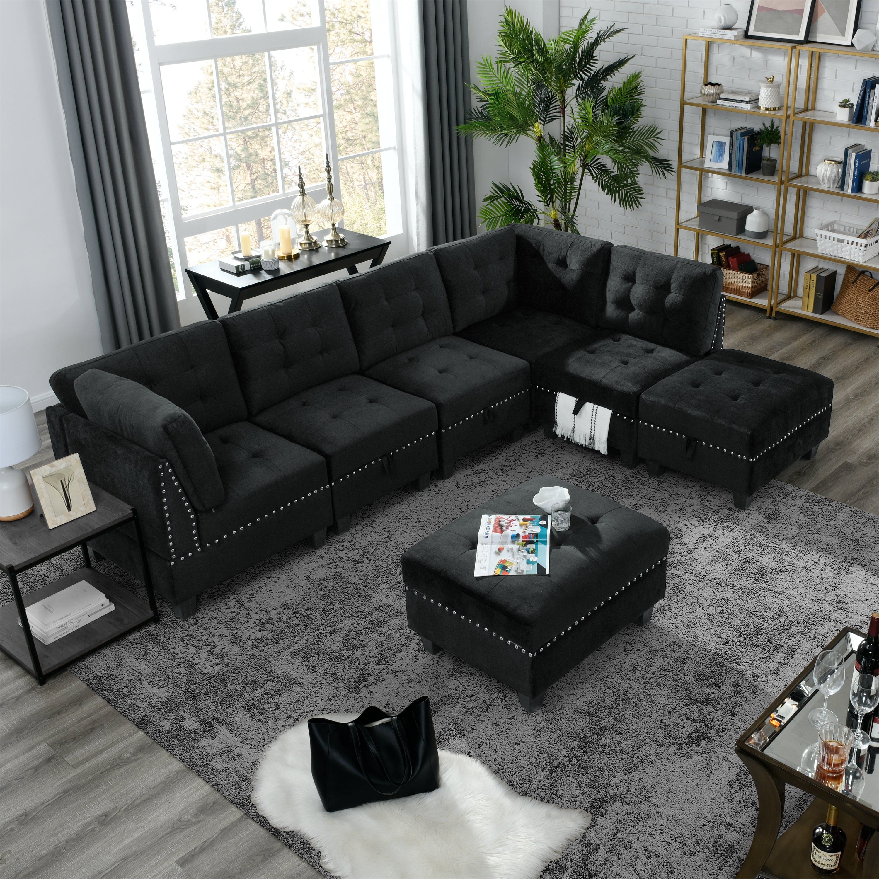 L shape Modular Sectional Sofa,DIY Combination,includes Three Single Chair ,Two Corner and Two Ottoman,Black Velvet.