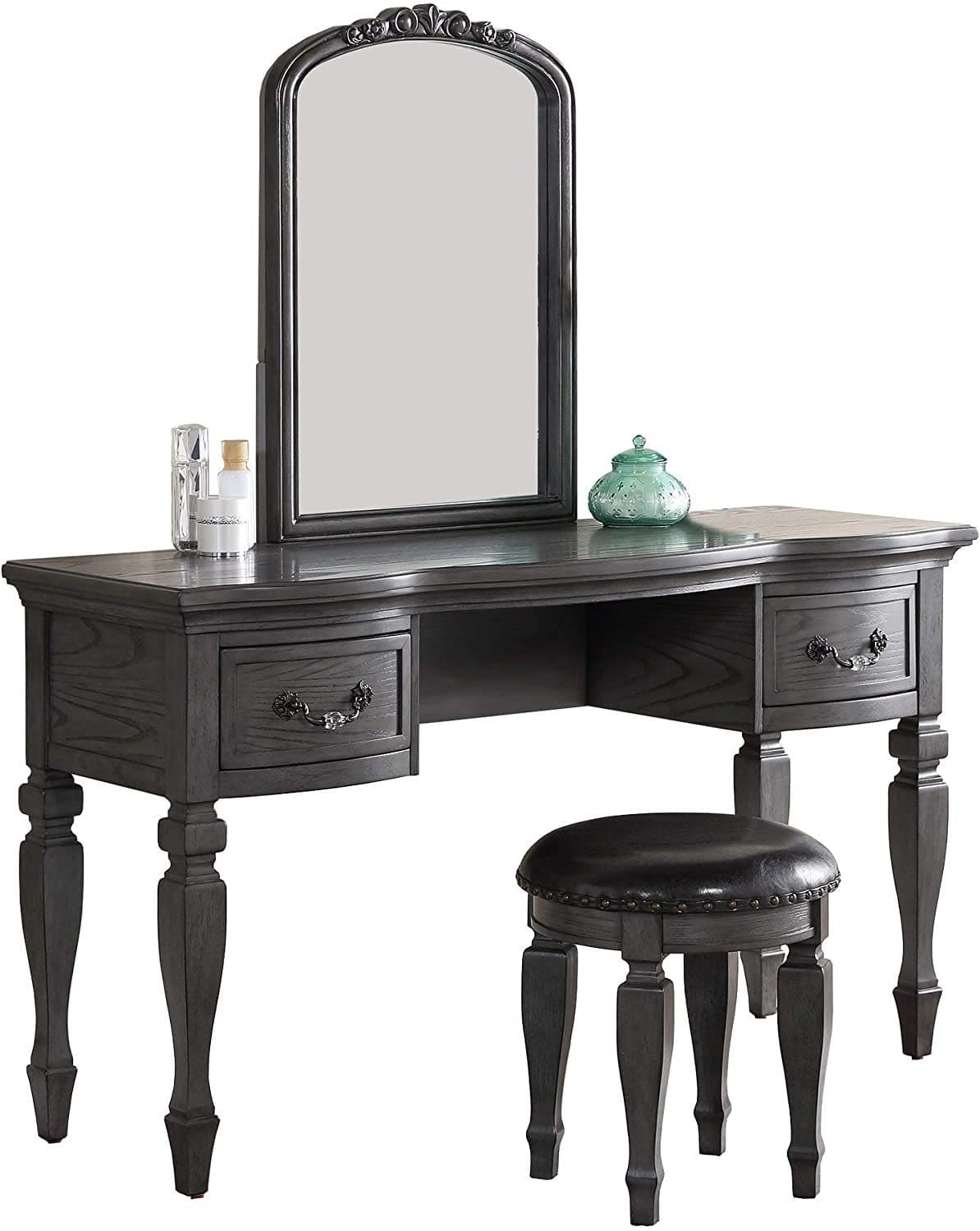 Bedroom Classic Vanity Set Wooden Carved Mirror Stool Drawers Antique Grey Finish