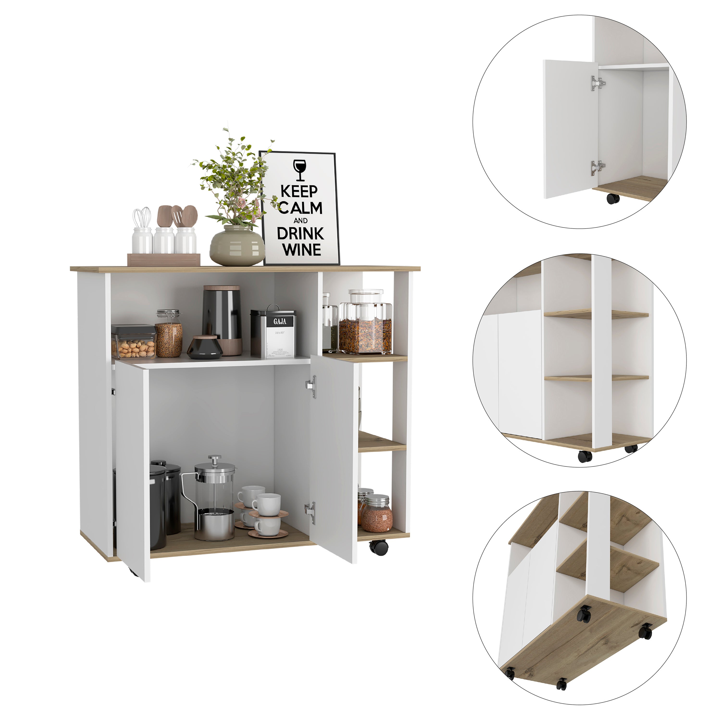 Paprika Kitchen Cart, Four Casters , Four Open Shelves, Double Door Cabinet -Light Oak / White