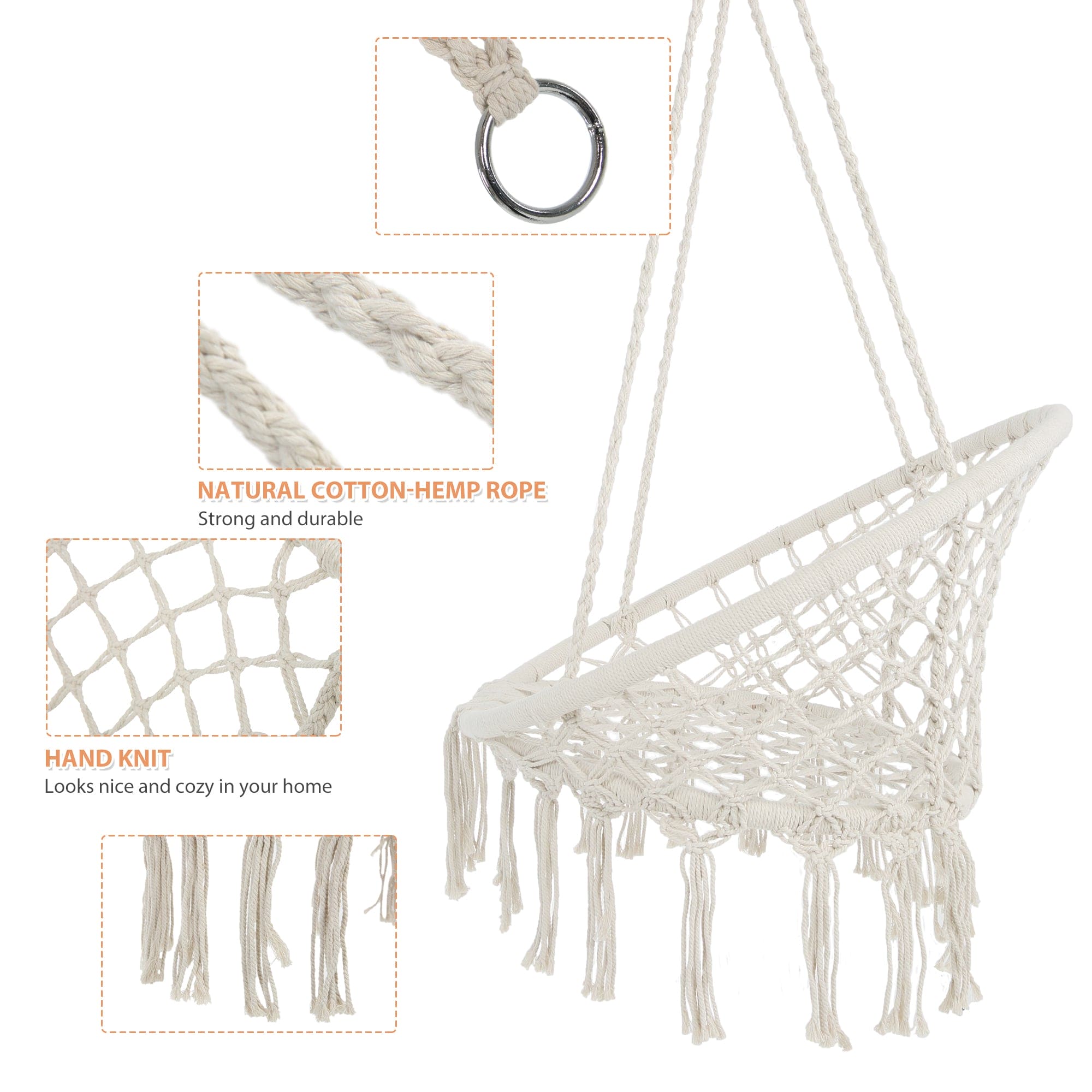 Hammock Chair Macrame Swing  Max 330 Lbs Hanging Cotton Rope Hammock Swing Chair for Indoor and Outdoor