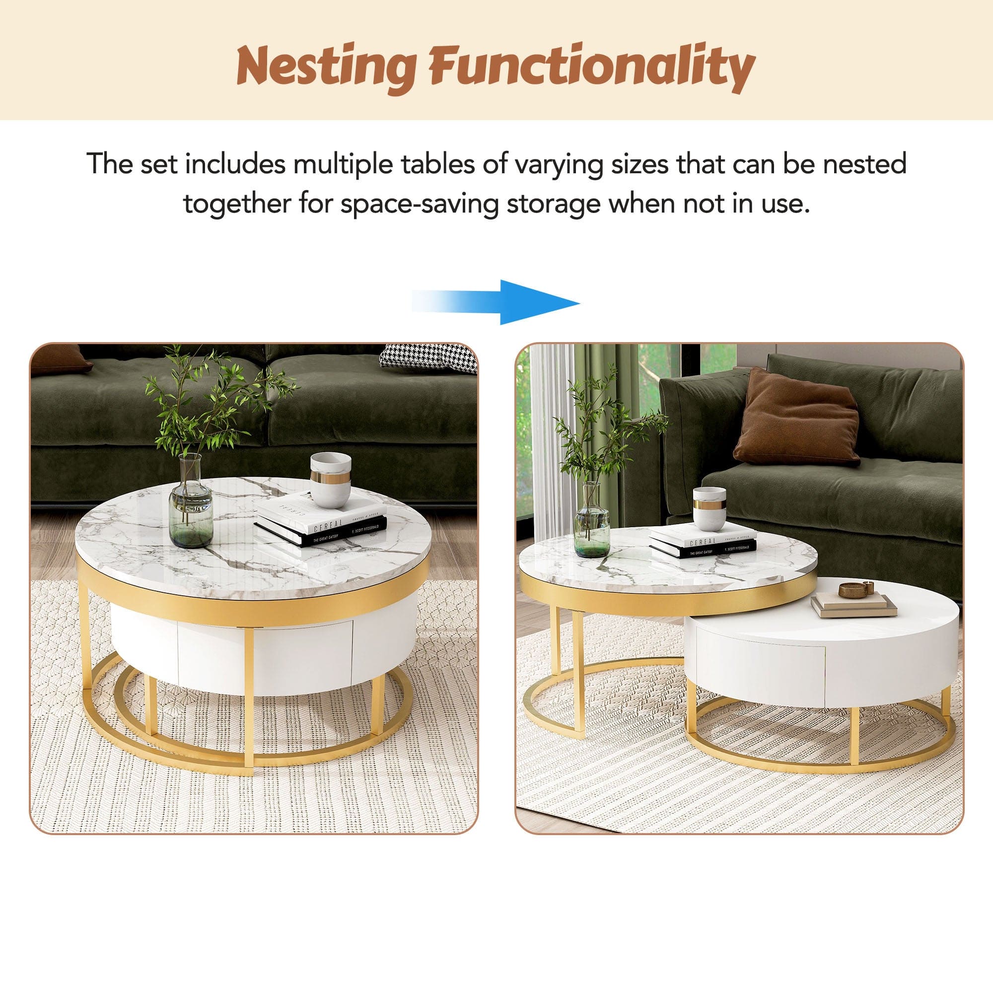 Modern Round  Nesting Coffee Table with Drawers in White