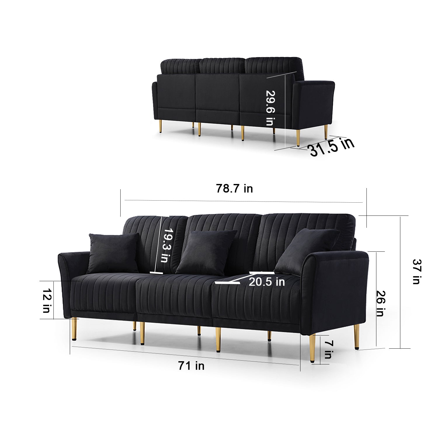 3 Pieces Sectional Sofa Set for Living Room, 2 pieces of two-seater sofas and 1 piece of 3-seater sofas, , 3 Pcs Couch Set with, Sectional Couches for Living Room, 3-Seater +Sofa + Loveseat , Black Ve