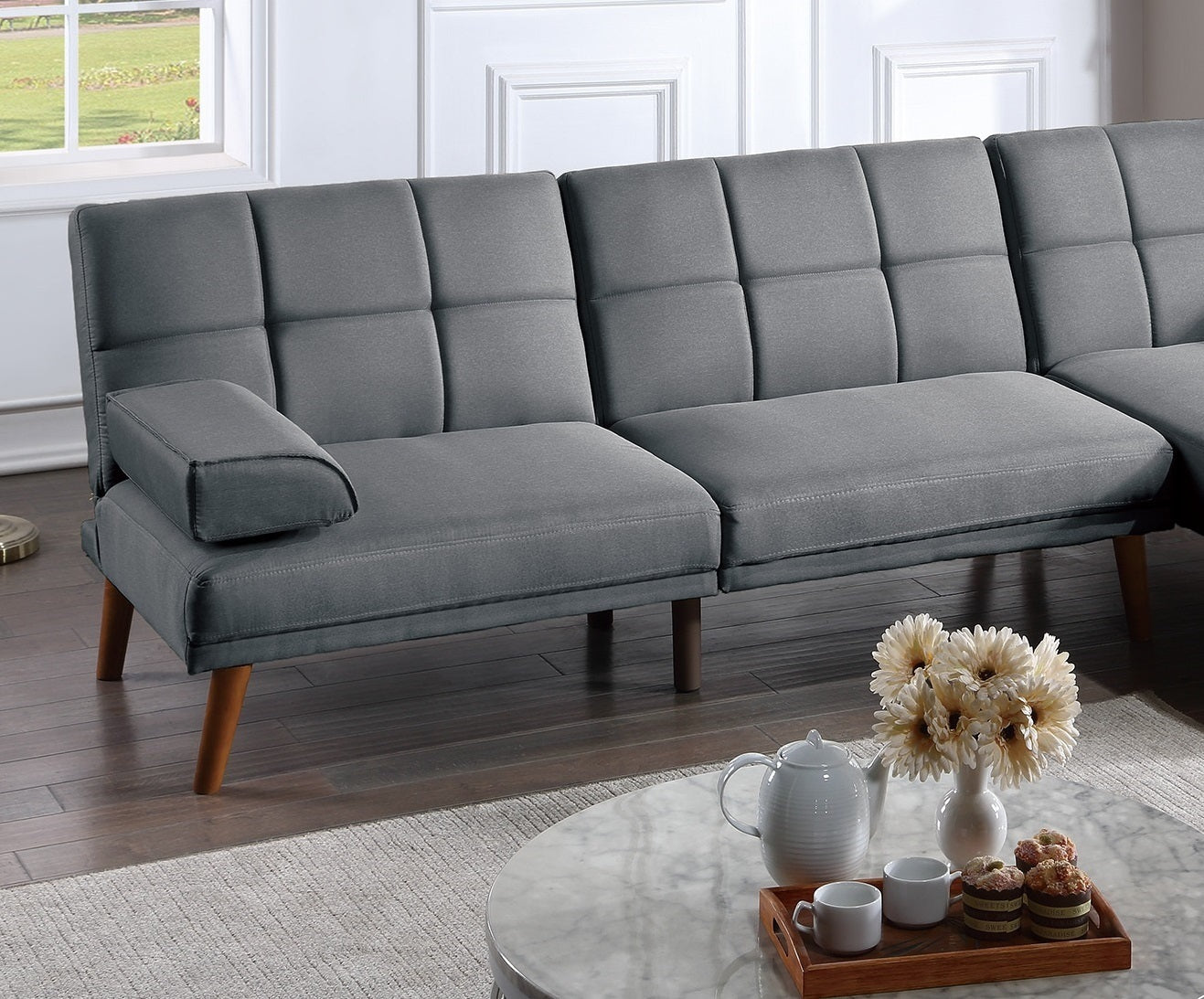 Blue Grey Color Polyfiber 2pc Sectional Sofa Set Living Room Furniture Solid wood Legs Tufted Couch Adjustable Sofa Chaise