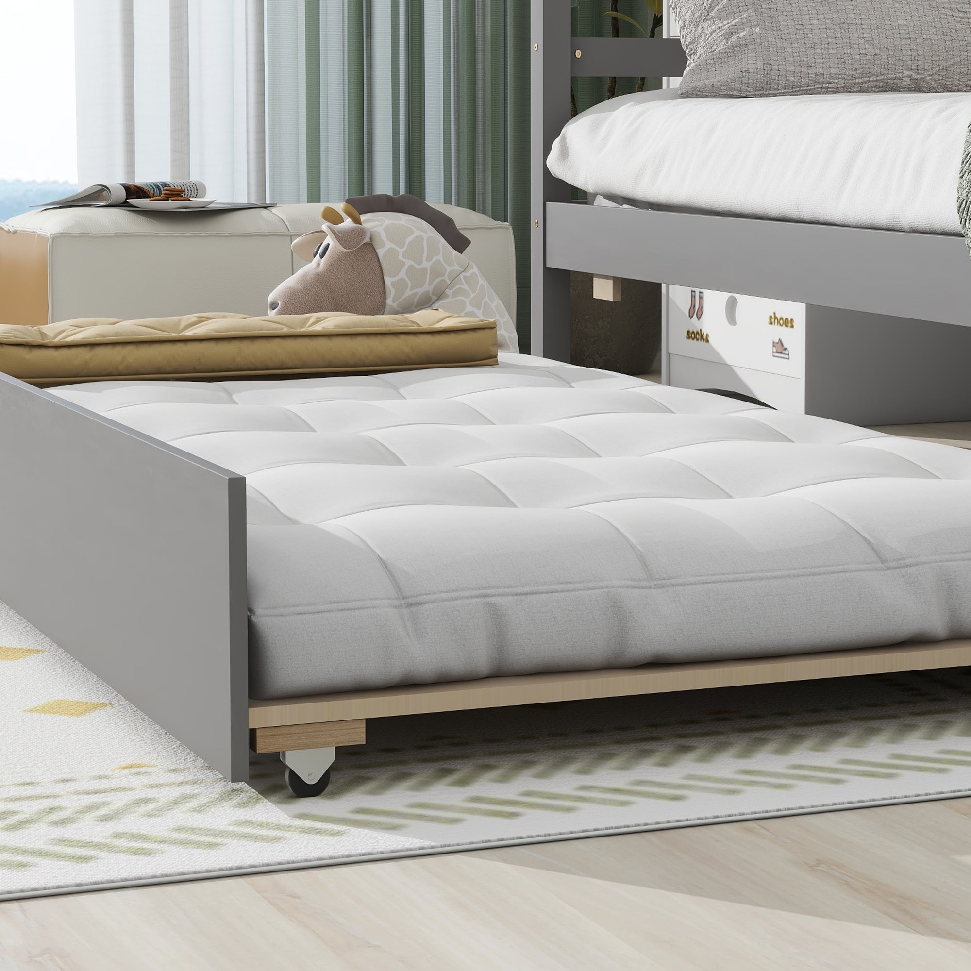 Twin Wooden Daybed with trundle, Twin House-Shaped Headboard  bed with Guardrails,Grey