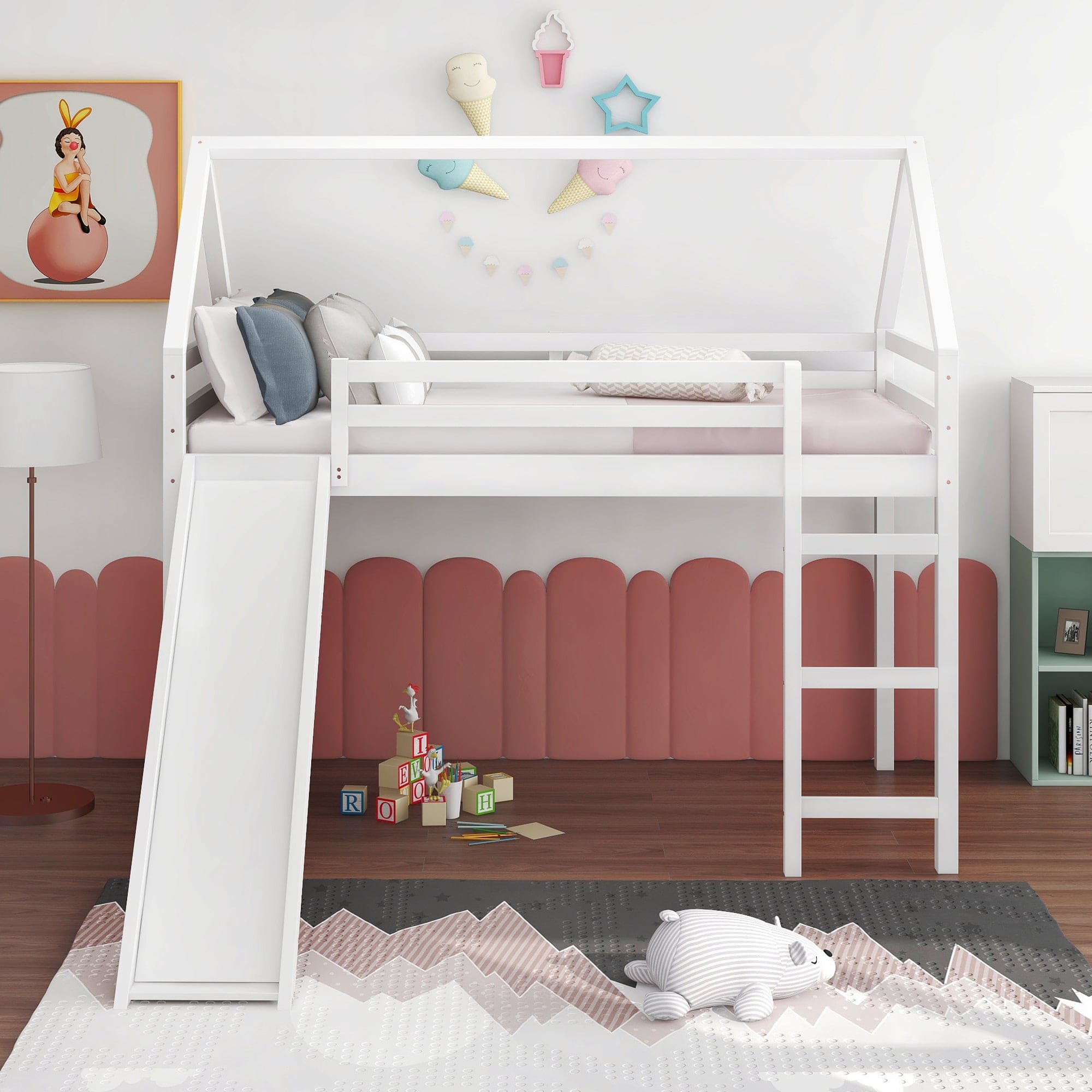 Twin Size Loft Bed with Slide, House Bed with Slide,White(OLD SKU :WF281158AAK)