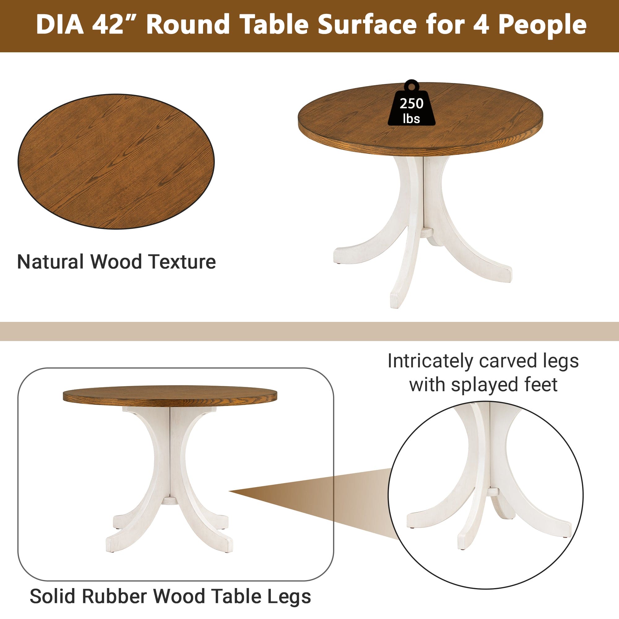 TOPMAX Mid-Century Solid Wood  Round Dining Table for Small Places, Walnut Table