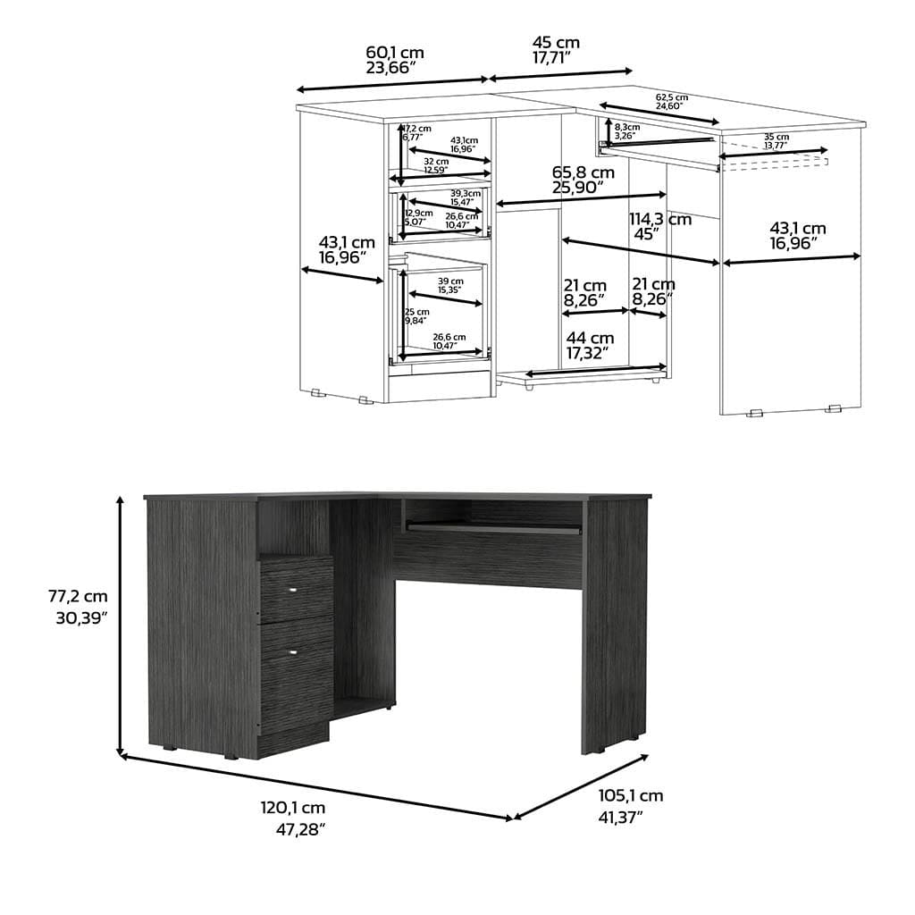 L-Shaped Desk Bradford, Keyboard Shelf, Smokey Oak Finish