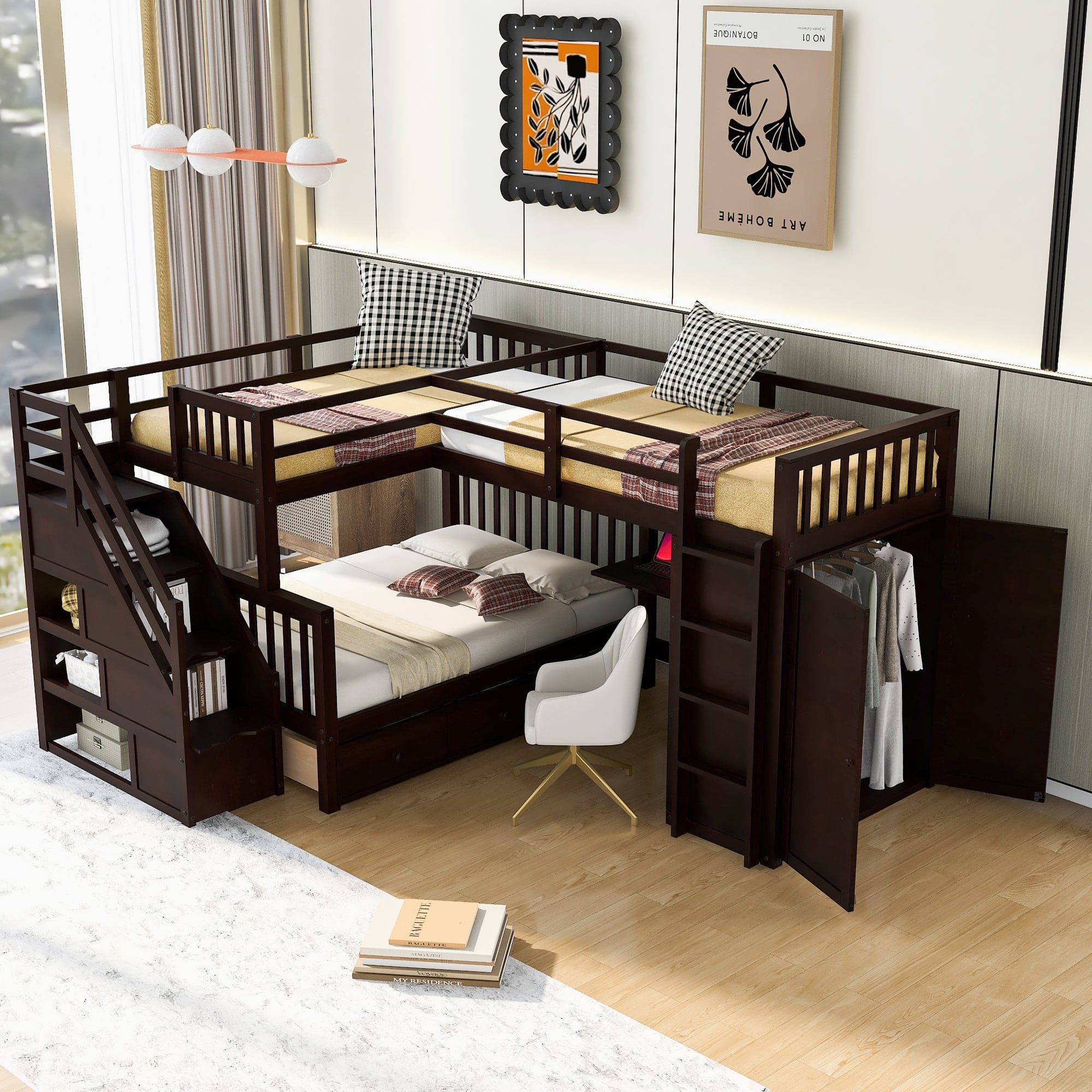 Twin-Twin over Full L-Shaped Bunk Bed With 3 Drawers, Portable Desk and Wardrobe, Espresso