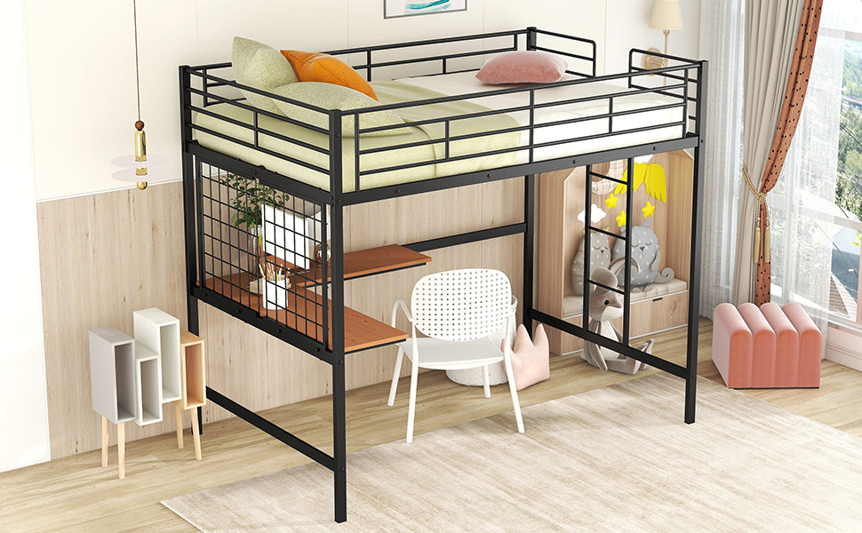 Full Metal Loft Bed with Desk and Metal Grid, Black