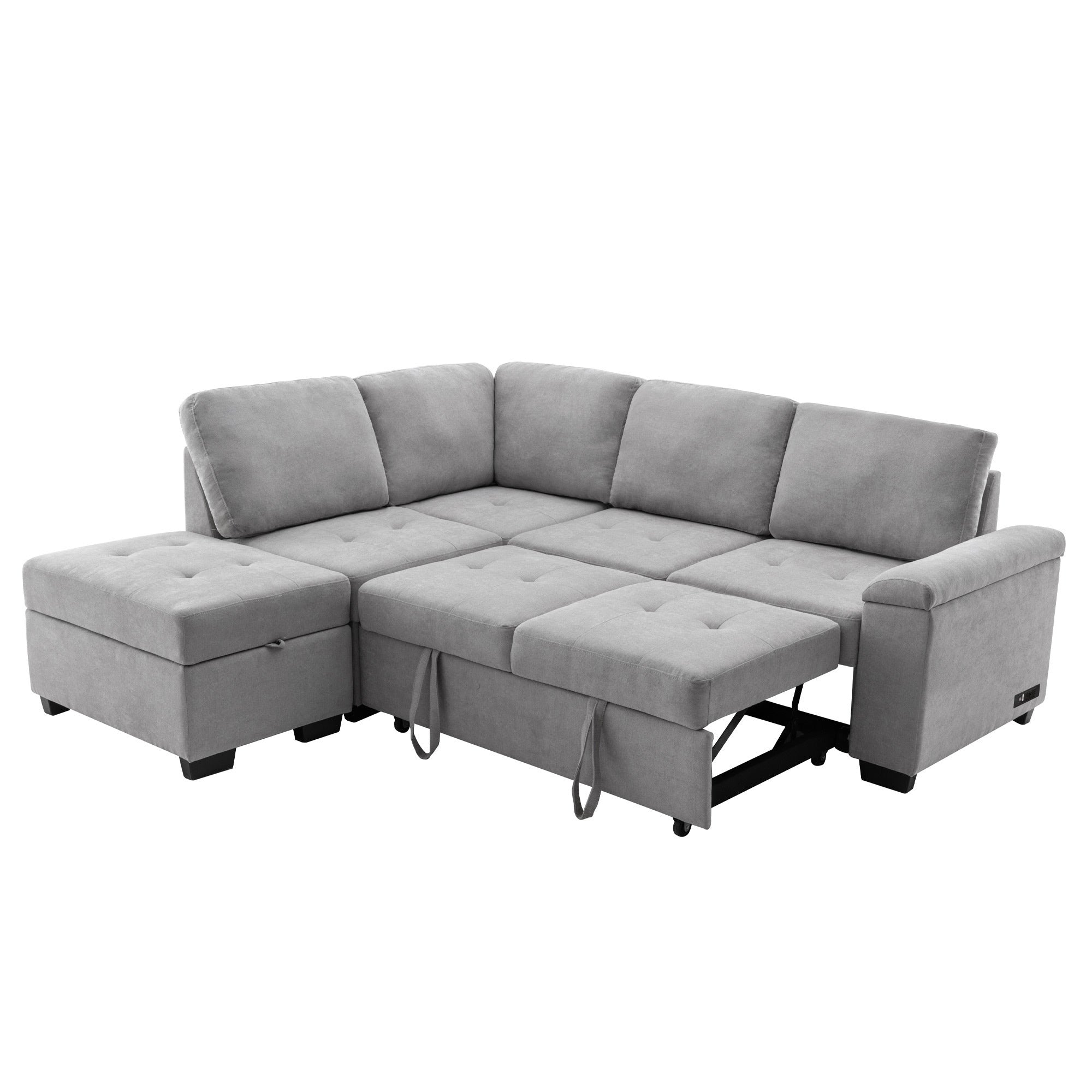 Sleeper Sectional Sofa, L-Shape Corner Couch Sofa-Bed with Storage Ottoman & Hidden Arm Storage & USB Charge  for Living Room Apartment, Gray