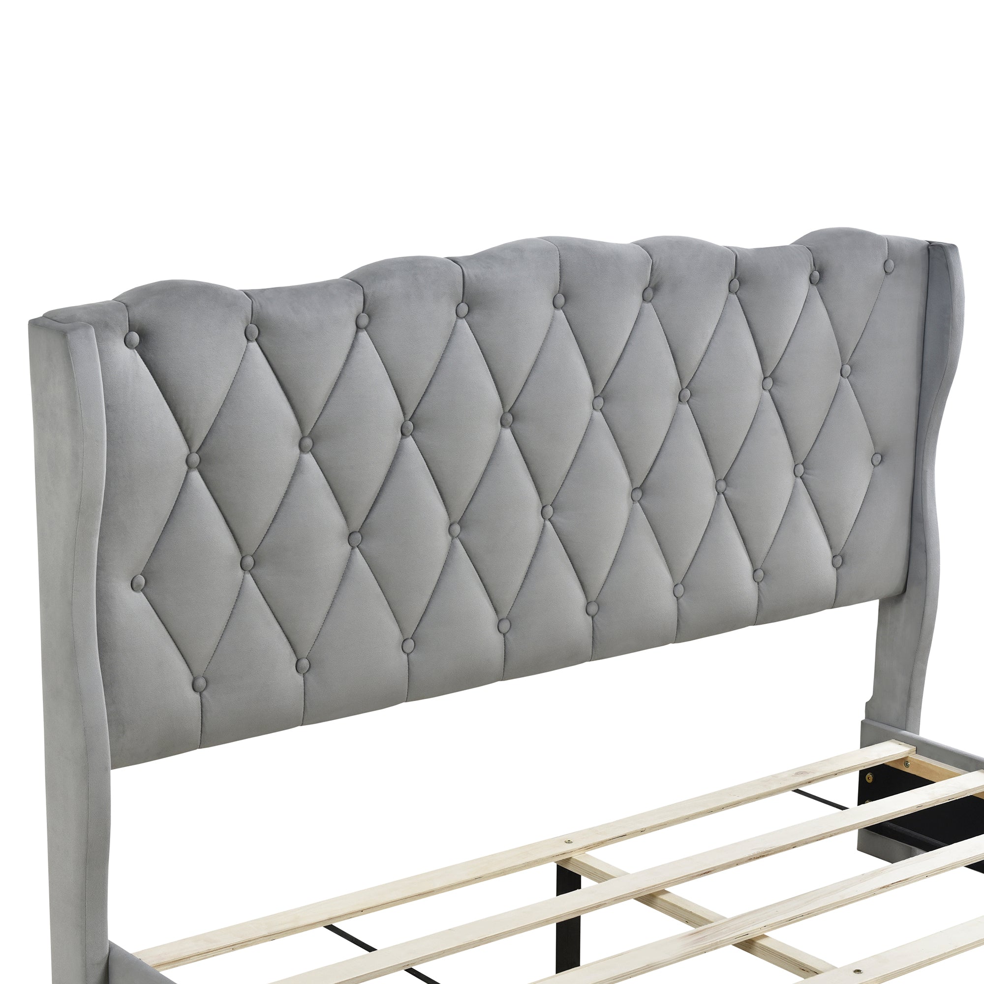 Upholstered Platform Bed with Tufted Headboard and 3 Drawers, No Box Spring Needed, Velvet Fabric, Queen Size Gray