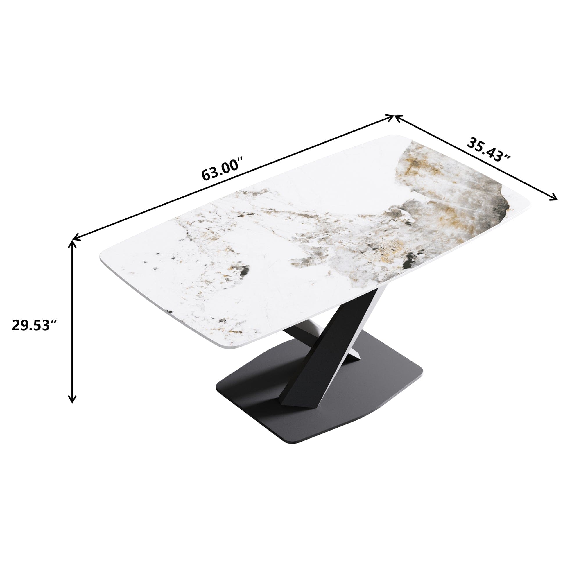 63"Modern artificial stone pandora white curved black metal leg dining table -6 people