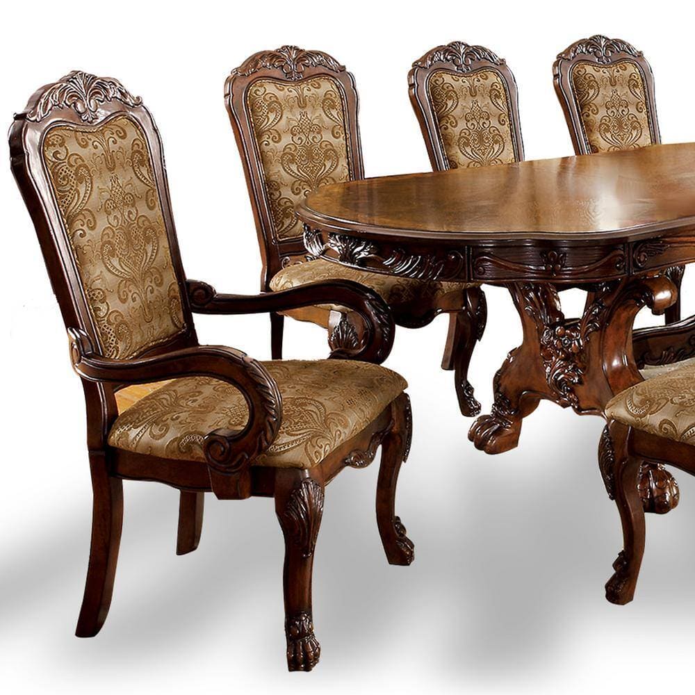 Formal Traditional Cherry Set of 2pc Arm Chairs Dining Room Brown Damask Print Fabric Solid wood Dining Chair