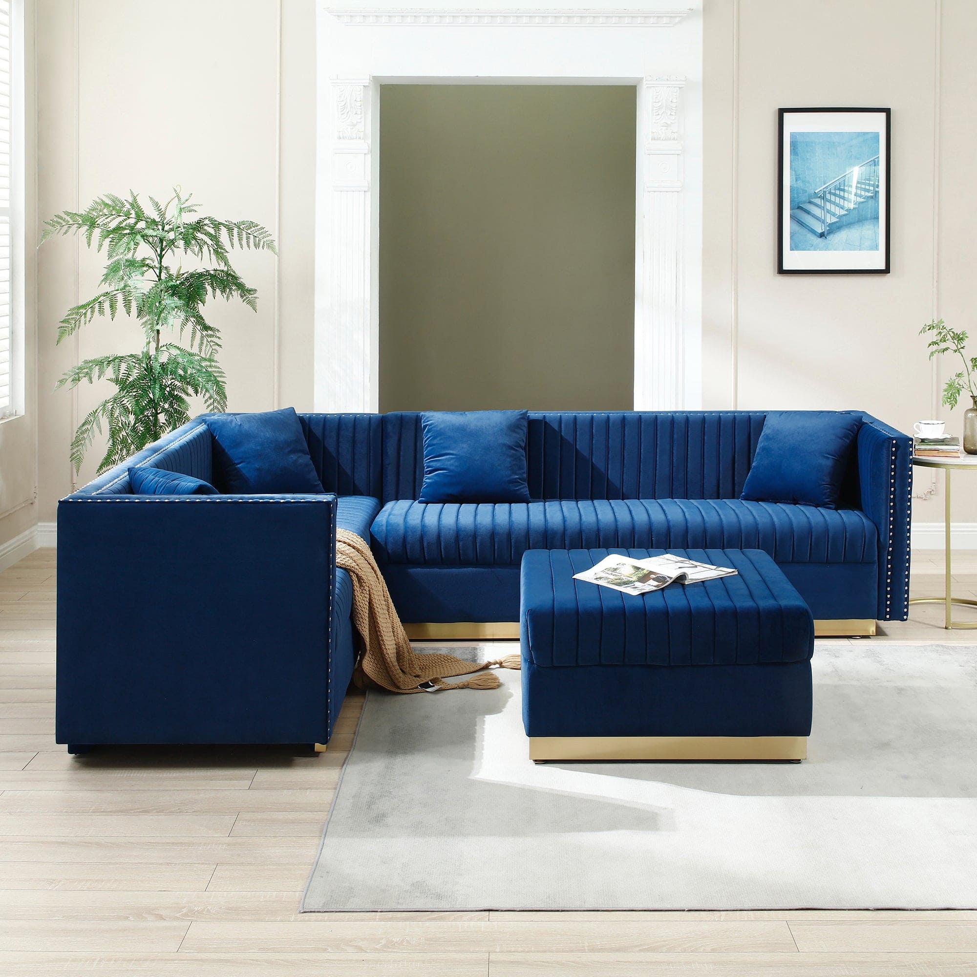 Contemporary Vertical Channel Tufted Velvet Sectional Sofa Modern Upholstered Corner Couch for Living Room Apartment with Ottoman and 4 pillows,Blue