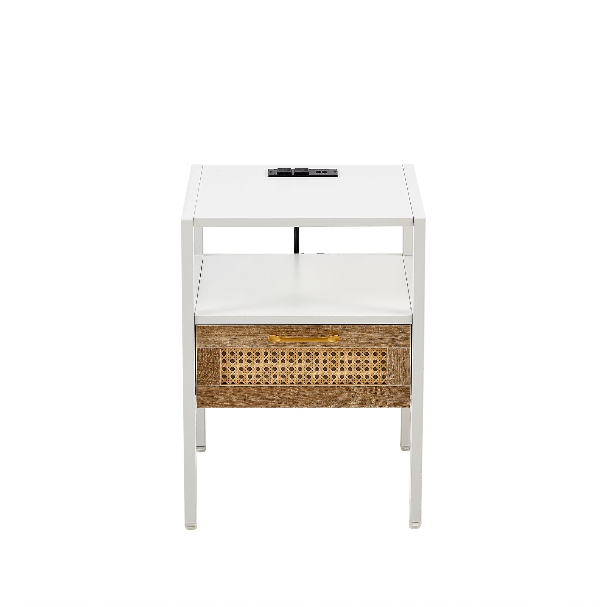 Set of 2, 15.75" Rattan End table with Power Outlet & USB Ports , Modern nightstand with drawer and metal legs, side table for living room, bedroom,white