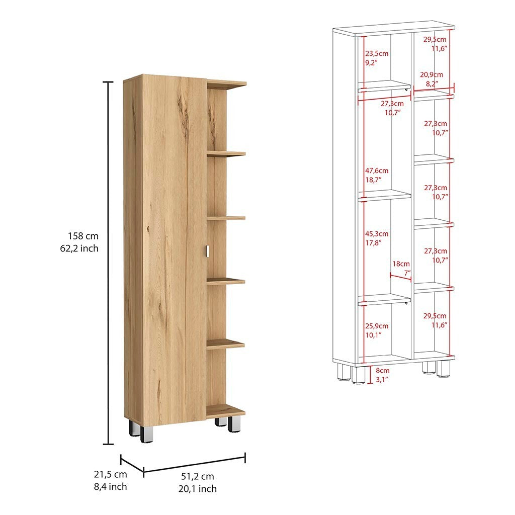 Corner Cabinet Womppi, Five Open Shelves, Single Door, Light Oak Finish