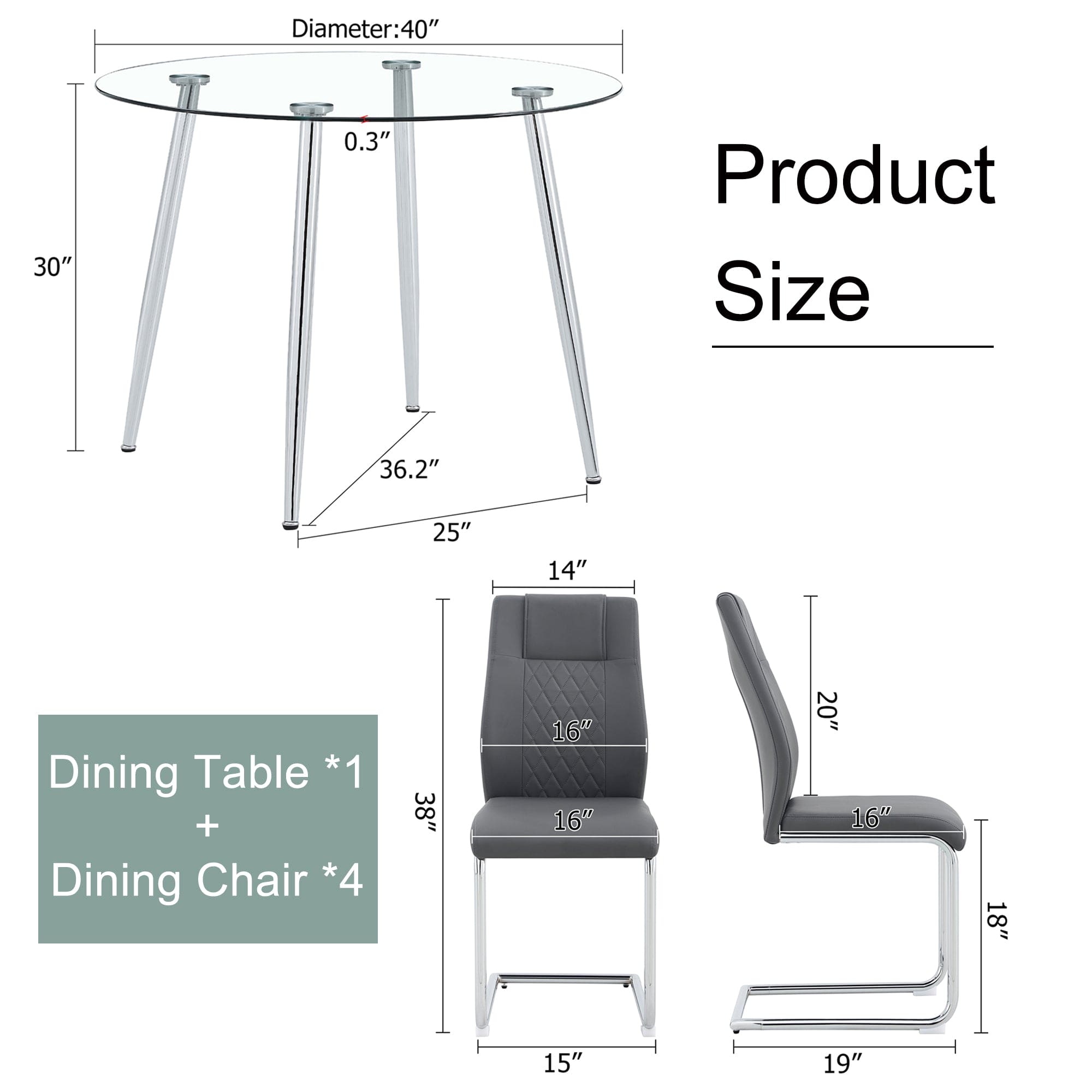 Table and chair set. (1 table+4 gray chairs) Round dining table with a 40 inch diameter glass tabletop and silver plated metal legs. 4 gray PU chairs DT-1164 001