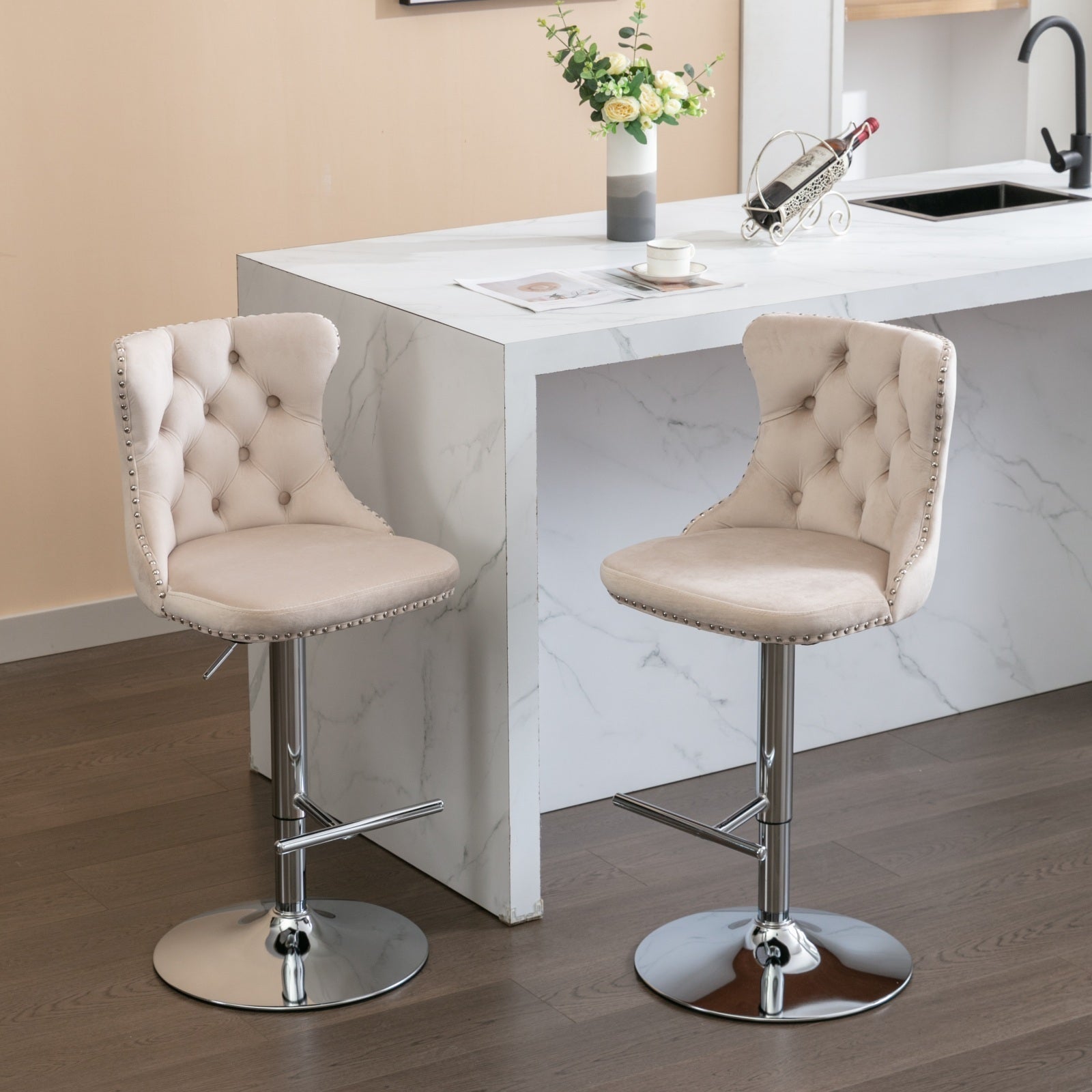 Swivel Velvet Barstools  Beige,Set of 2