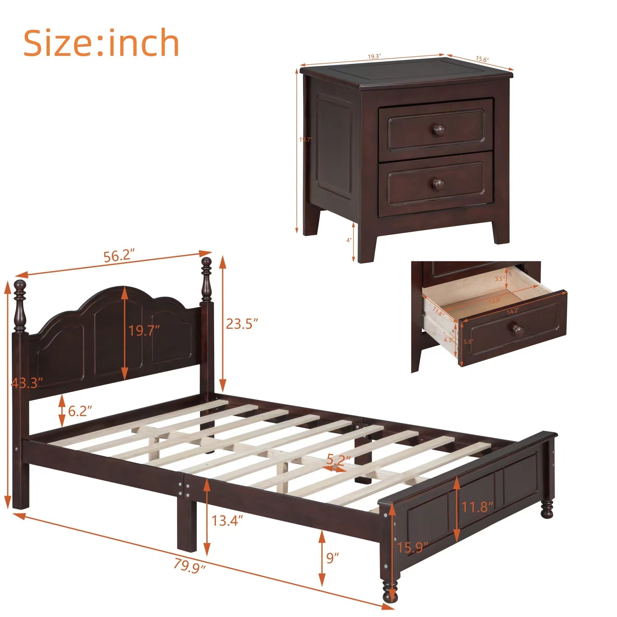 3-Pieces Bedroom Sets,Full Size Wood Platform Bed and Two Nightstands-Dark Walnut