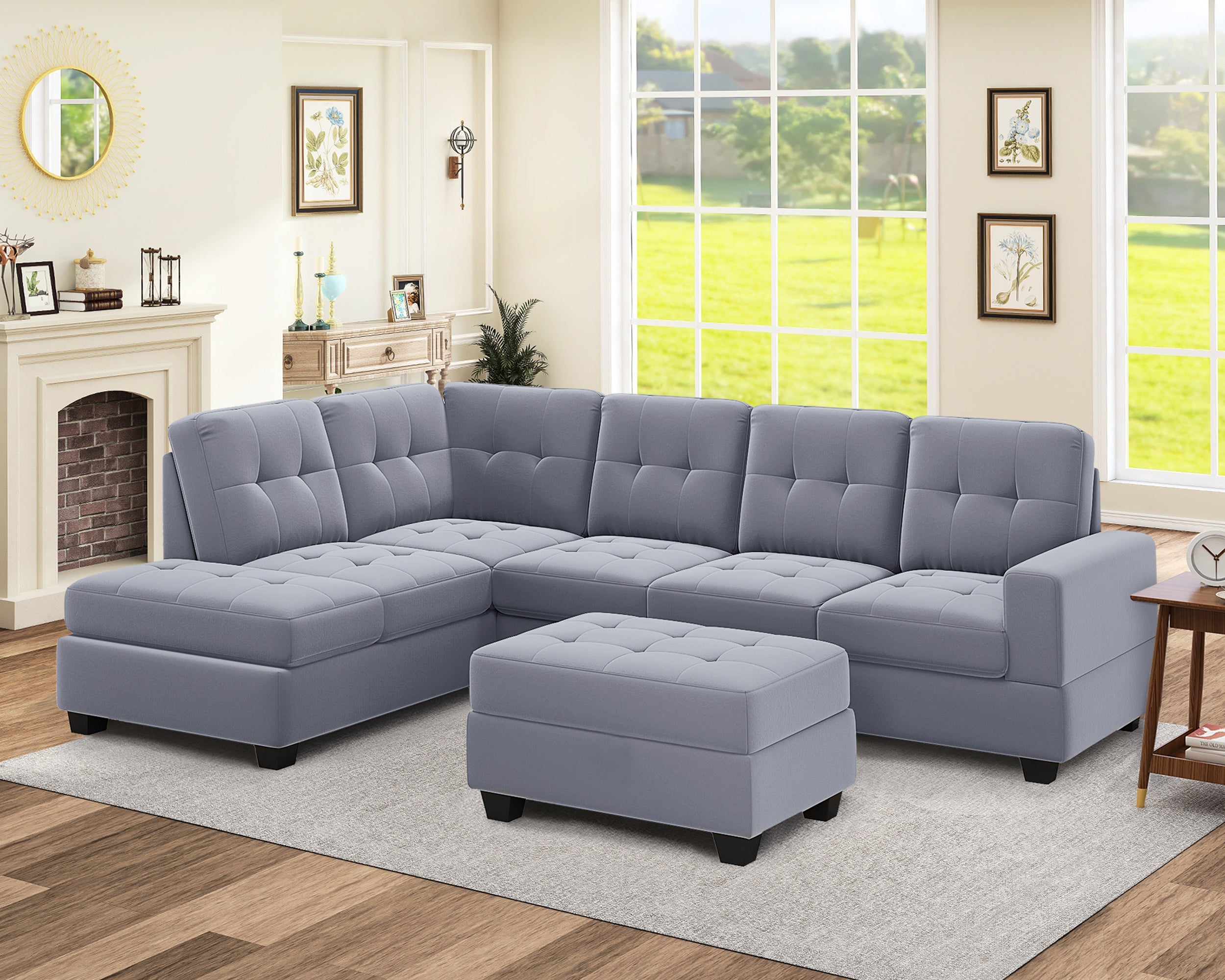 Orisfur. Modern Sectional Sofa with Reversible Chaise, L Shaped Couch Set with Storage Ottoman and Two Cup Holders for Living Room