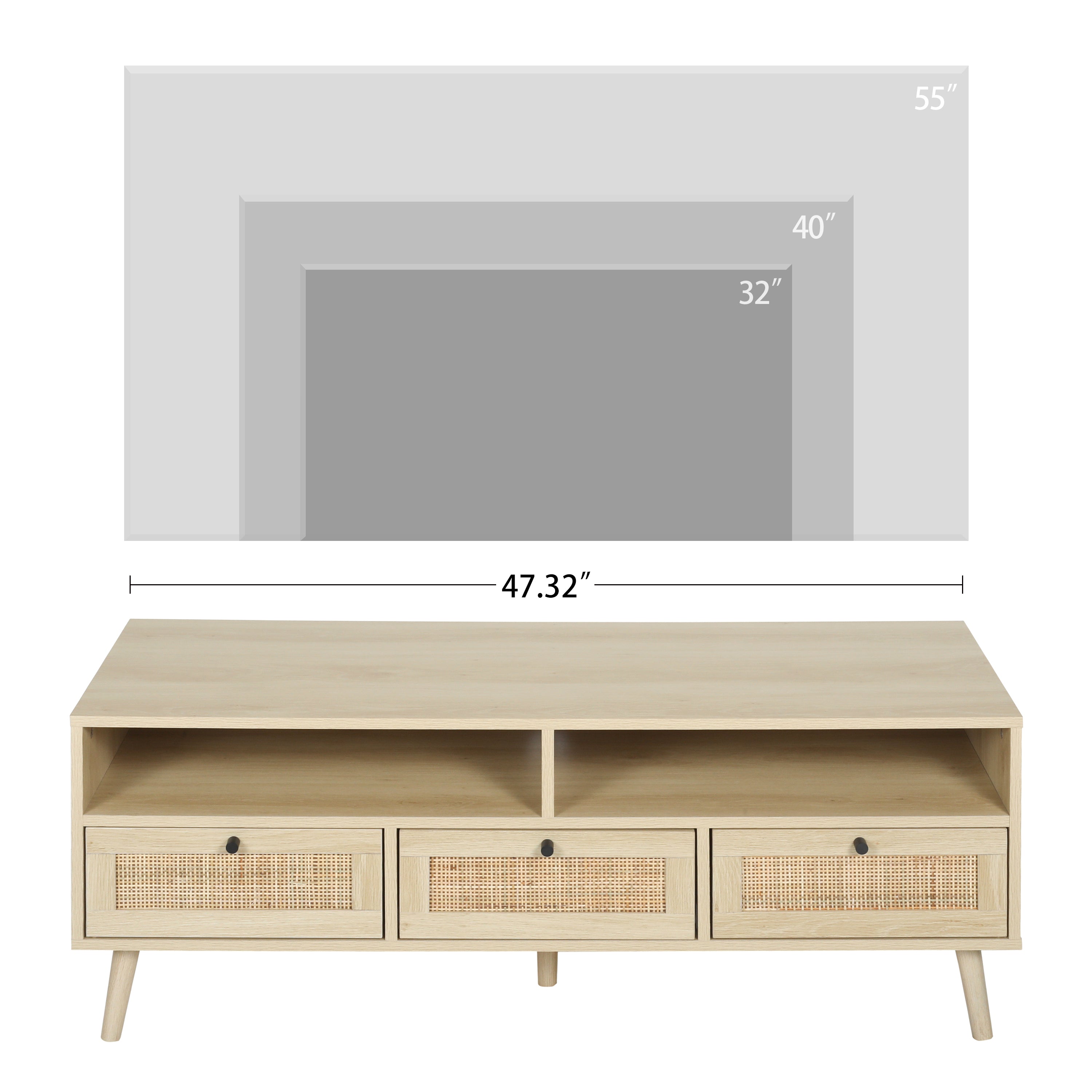 Rattan TV Stand with Solid Wood Feet, TV Console Table for Living Room, Natural