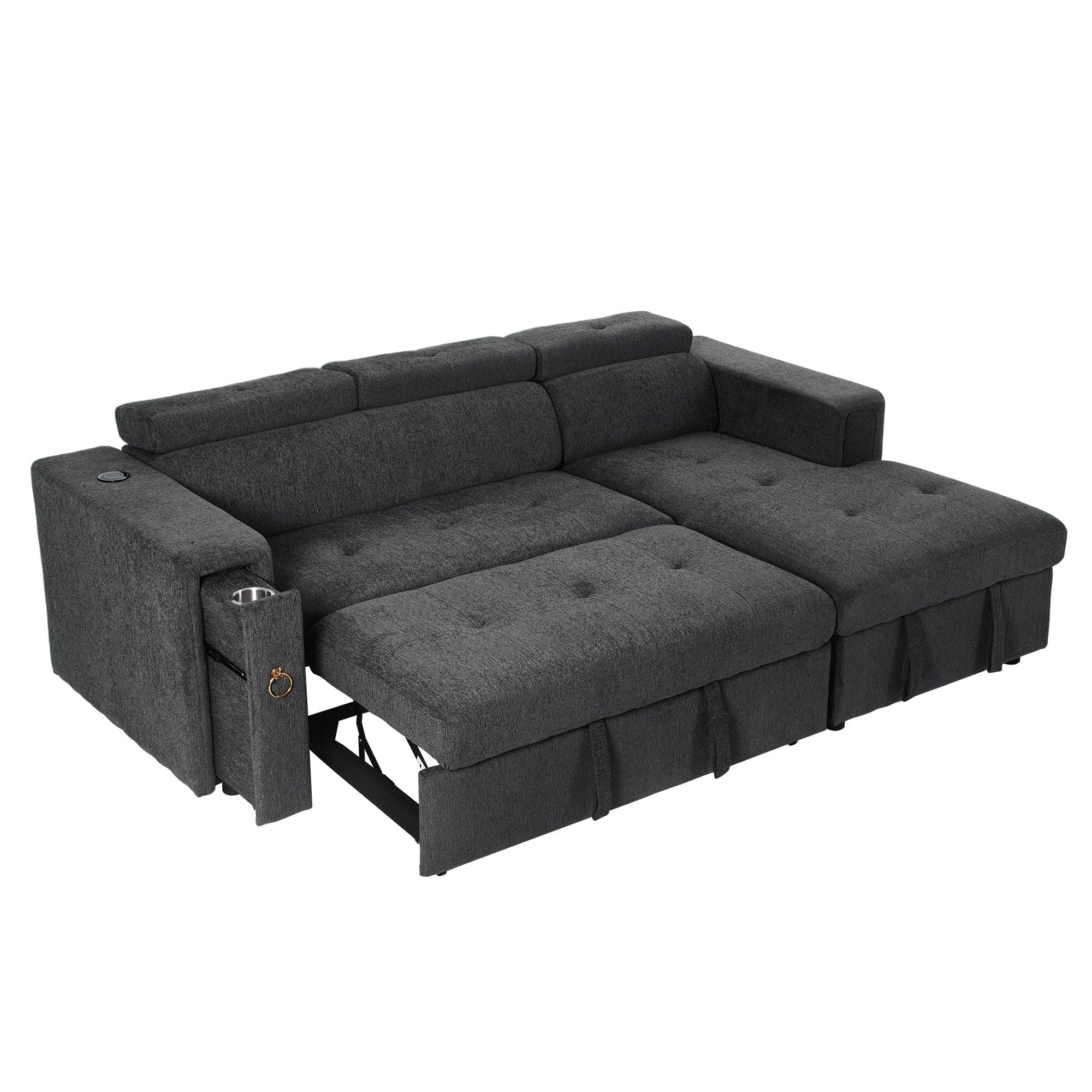 96" Multi-Functional Pull-Out Sofa Bed L-Shape Sectional Sofa with Adjustable Headrest, Wireless Charging, Cup Holders and Hidden Storage for Living Room, Bedroom, Office, Grey