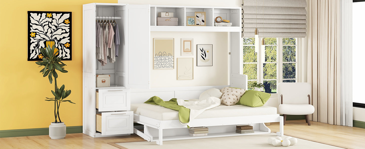 Queen Size Murphy Bed Wall Bed with Closet and Drawers,White