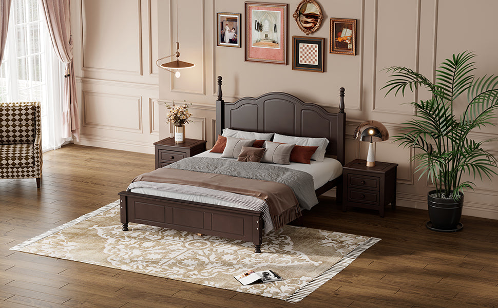 3-Pieces Bedroom Sets,Full Size Wood Platform Bed and Two Nightstands-Dark Walnut