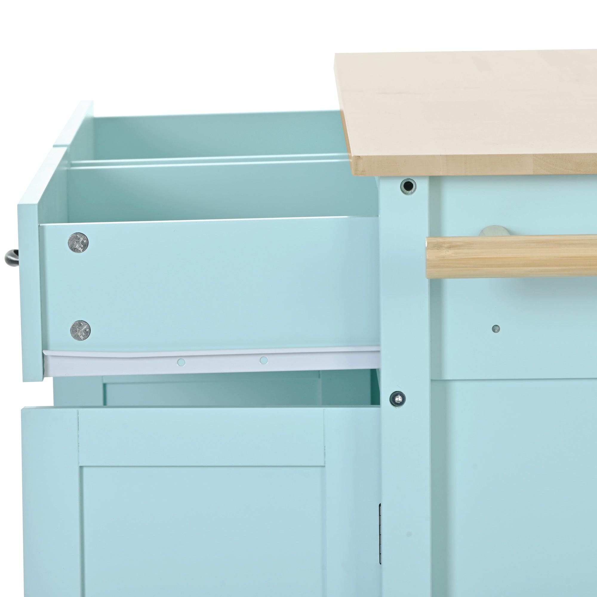 Kitchen Island Cart with 4 Door Cabinet and Two Drawers and 2 Locking Wheels - Solid Wood Top, Adjustable Shelves, Spice & Towel Rack(Mint Green)