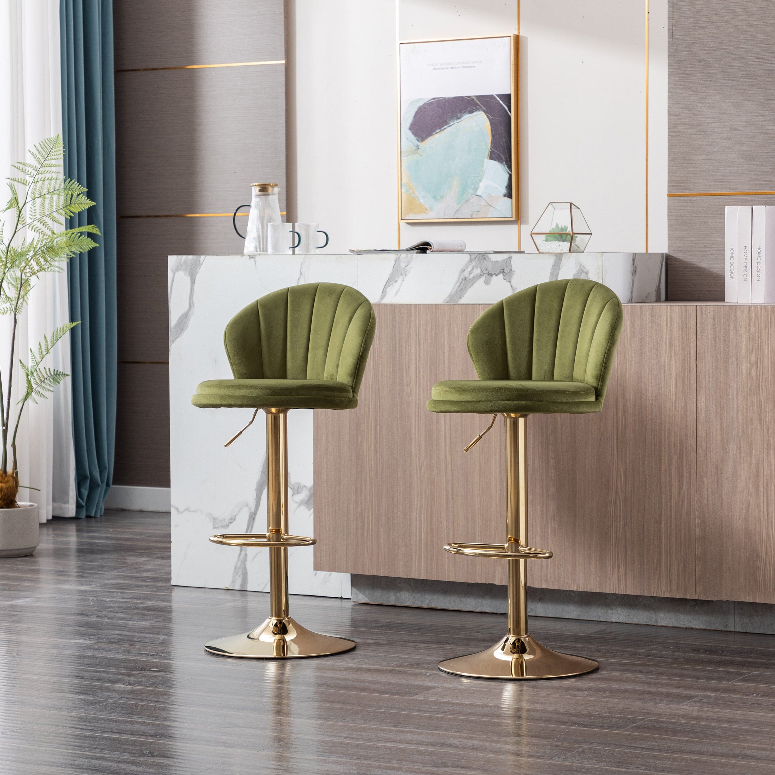 Set of 2  Bar Stools,with Chrome Footrest and Base Swivel Height Adjustable Mechanical Lifting Velvet + Golden Leg Simple Bar Stool-Light green