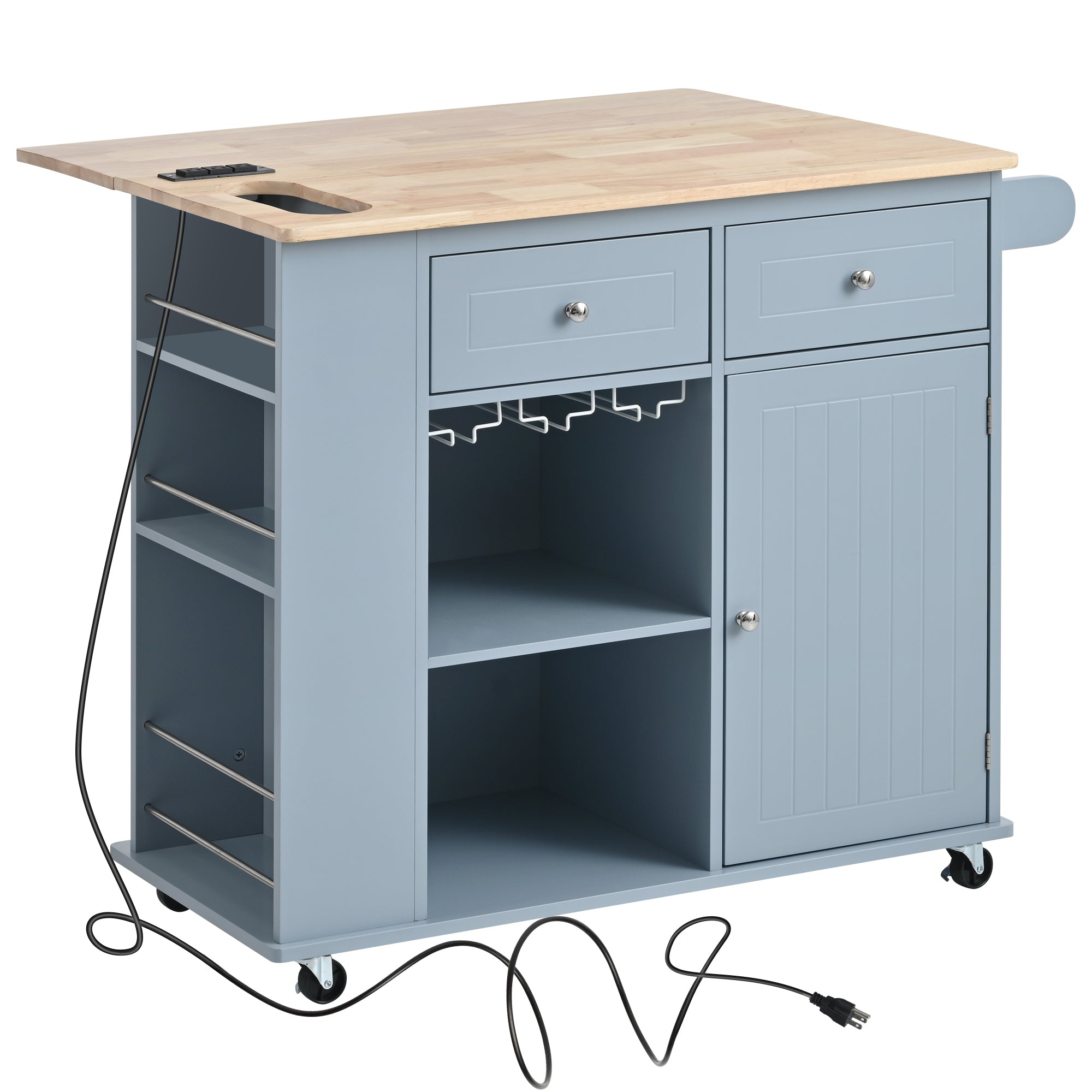 Kitchen Island with Power Outlet,Kitchen Storage Island with Drop Leaf and Rubber Wood,Open Storage and Wine Rack,5 Wheels,with Adjustable Storage for Home, Kitchen, and Dining Room, Grey Blue