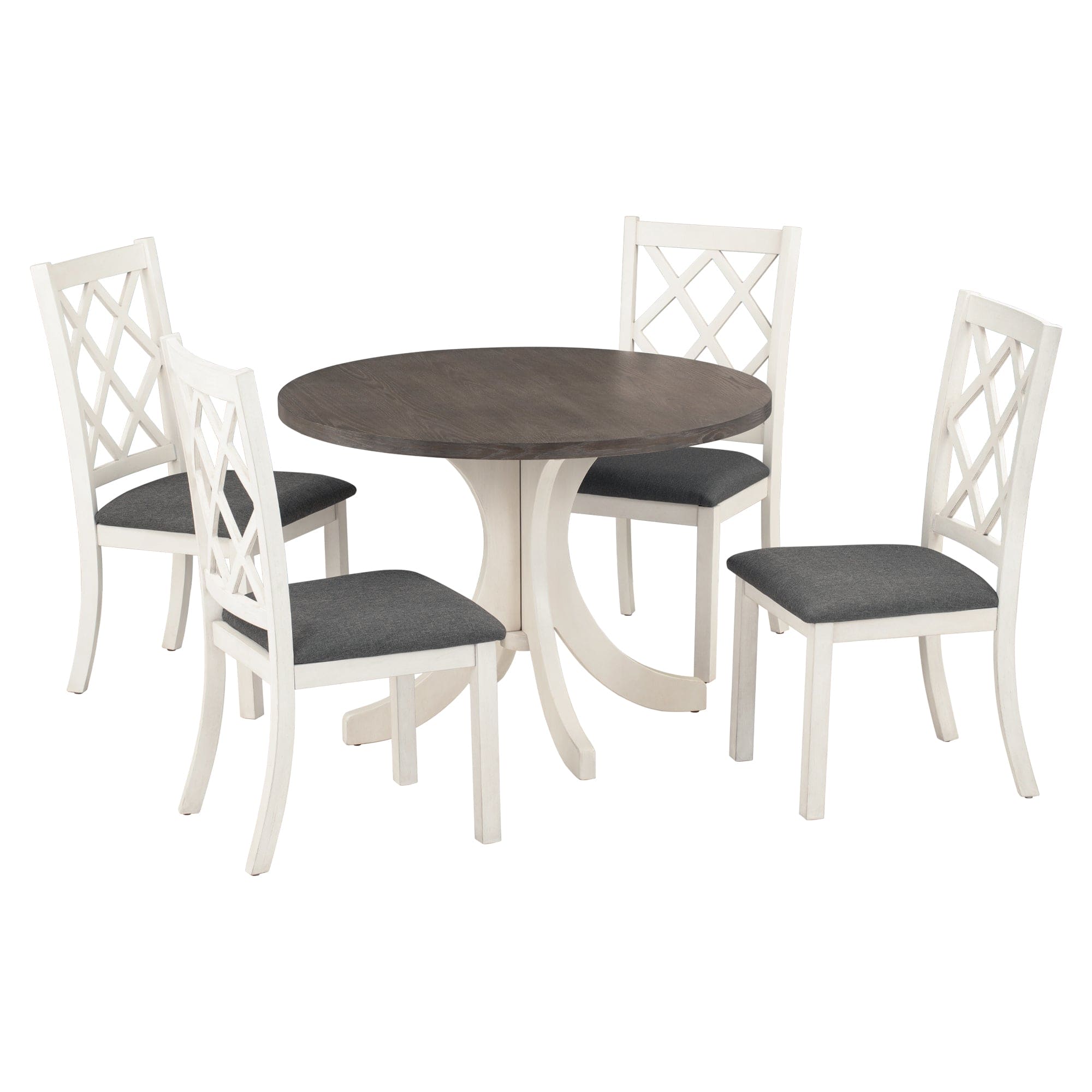 TOPMAX Mid-Century Solid Wood 5-Piece Round Dining Table Set, Kitchen Table Set with Upholstered Chairs for Small Places, Brown Table+Gray Chair