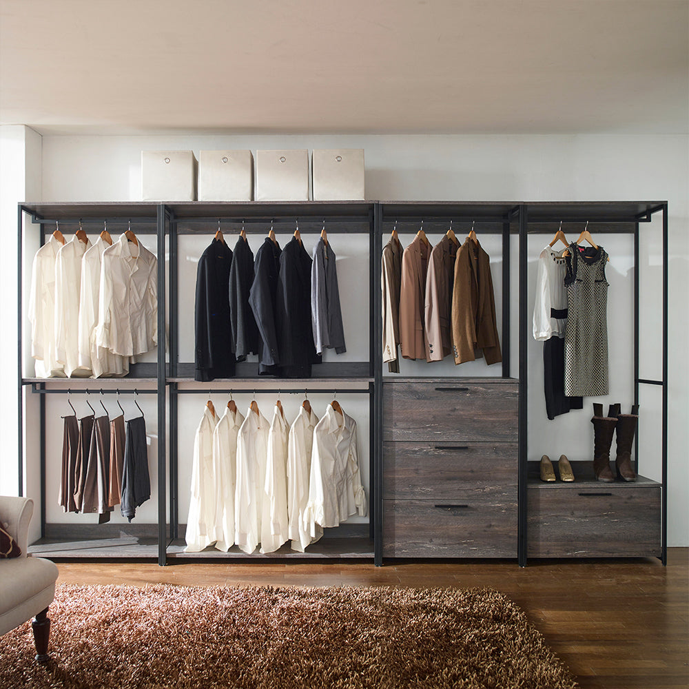 Monica Wood Walk-in Closet with Three Drawers and One Shelf in Rustic Gray