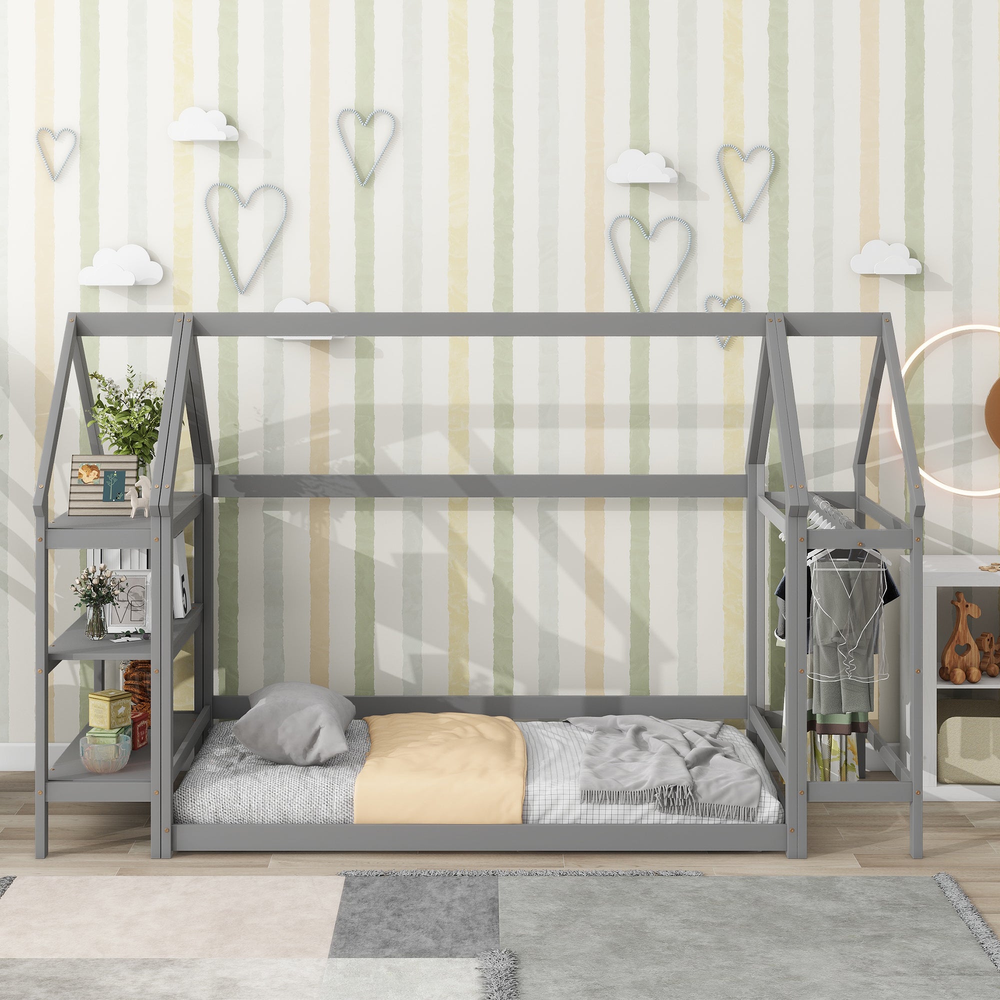 Twin House-Shaped Floor Bed with 2 Detachable Stands,Grey