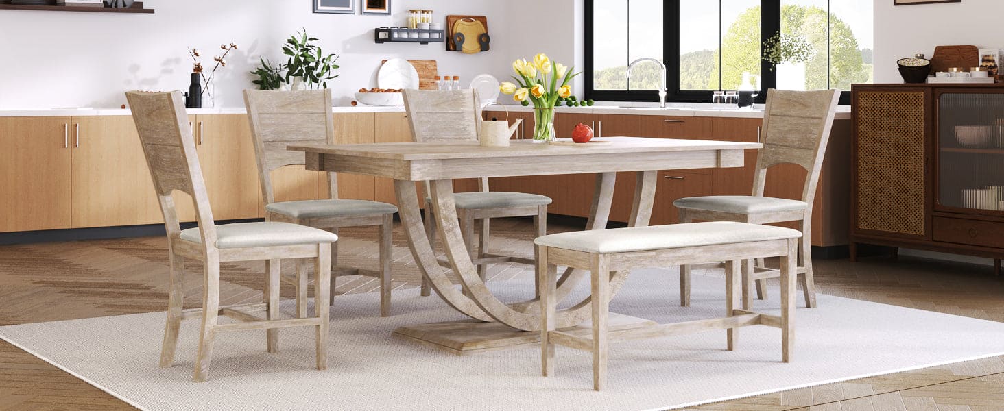 TOPMAX 6-Piece Wood Half Round Dining Table Set Kitchen Table Set with Long Bench and 4 Dining Chairs, Modern Style, Natural