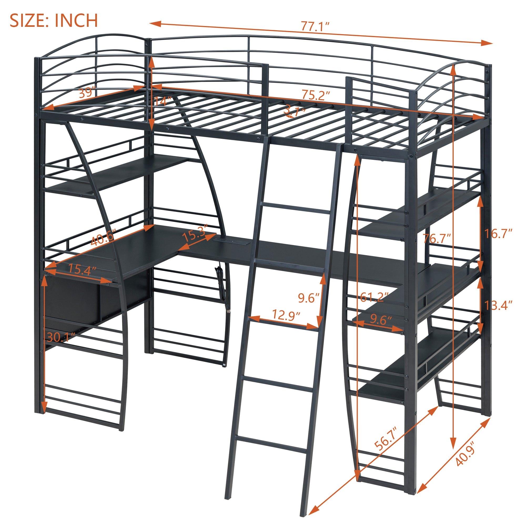 Twin Size Loft Bed with 4 Layers of Shelves and L-shaped Desk, Stylish Metal Frame Bed with a set of Sockets, USB Ports and Wireless Charging, Black